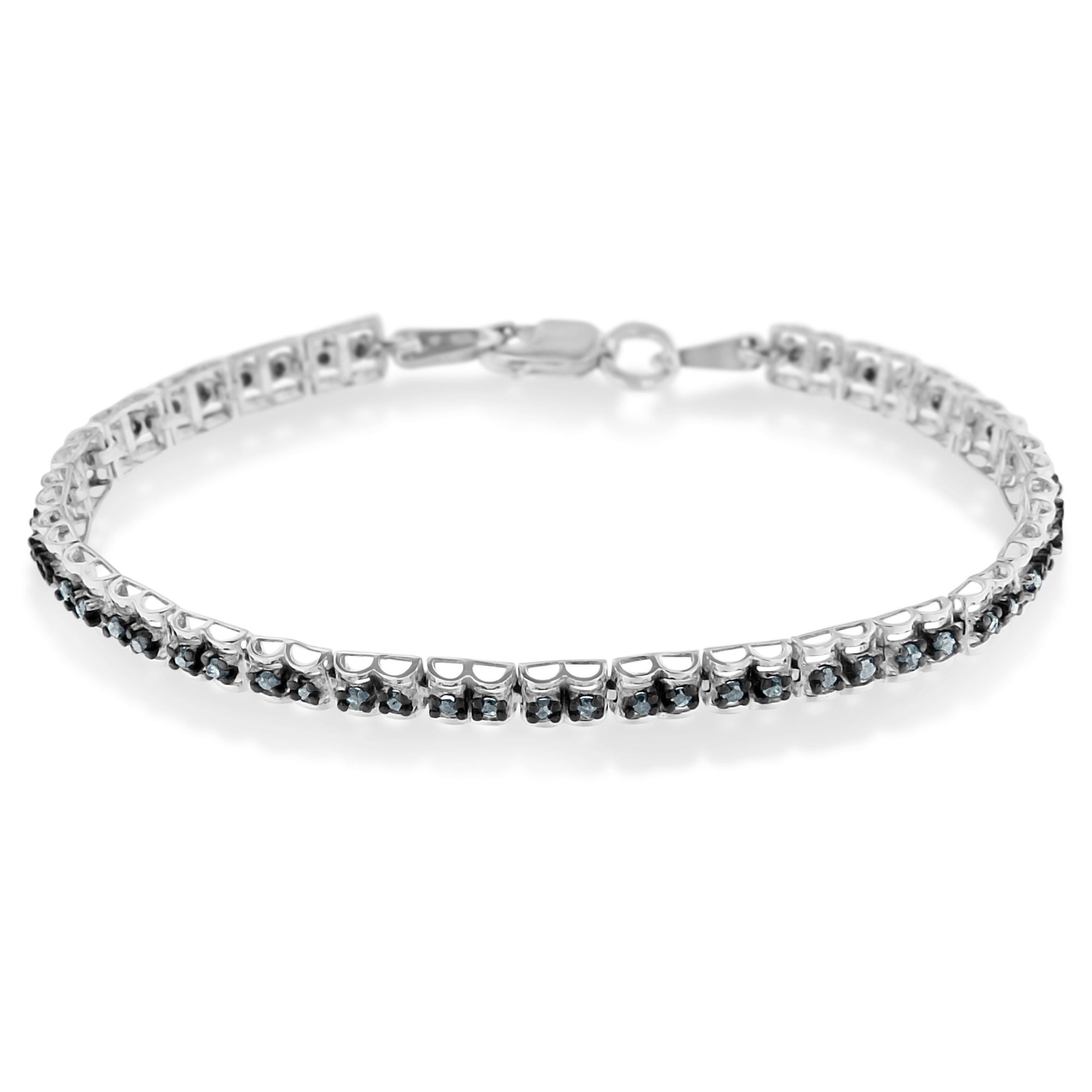 Haus of Brilliance Black Rhodium over .925 Sterling Silver 1.0 Cttw Rose Cut Diamond Double-Link 7" Tennis Bracelet (Blue Color, I1-I2 Clarity)