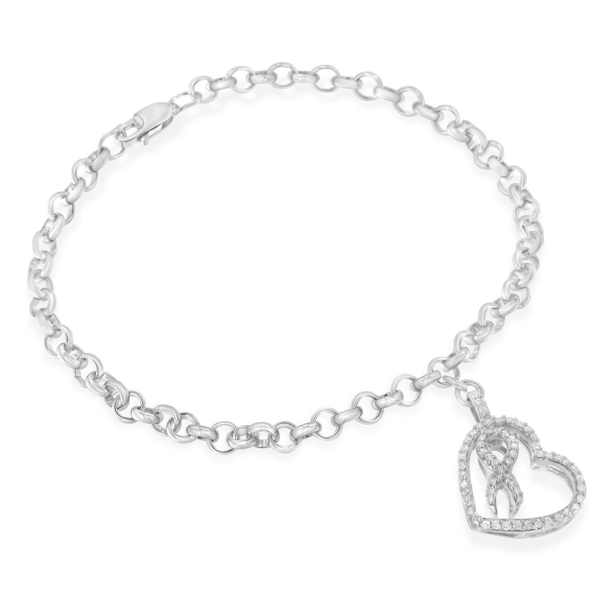 Haus of Brilliance .925 Sterling Silver 1/4 Cttw Diamond-Accented Heart and Ribbon Charm 7" Link Chain Bracelet (H-I Color, I1-I2 Clarity)