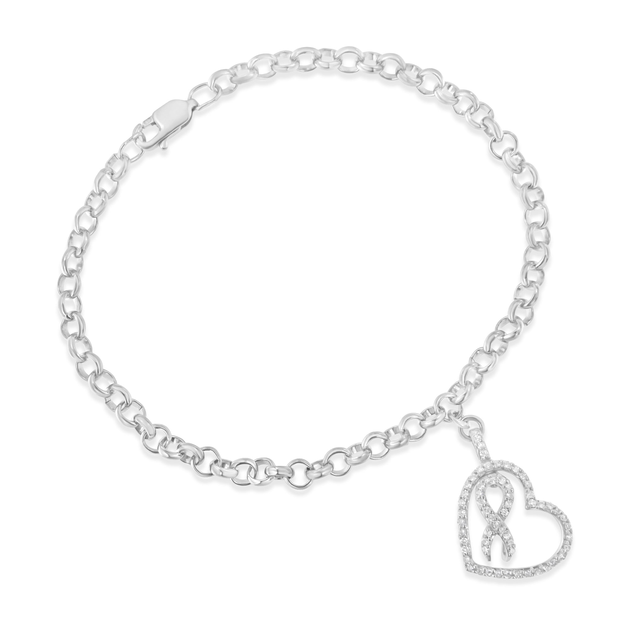 Haus of Brilliance .925 Sterling Silver 1/4 Cttw Diamond-Accented Heart and Ribbon Charm 7" Link Chain Bracelet (H-I Color, I1-I2 Clarity)
