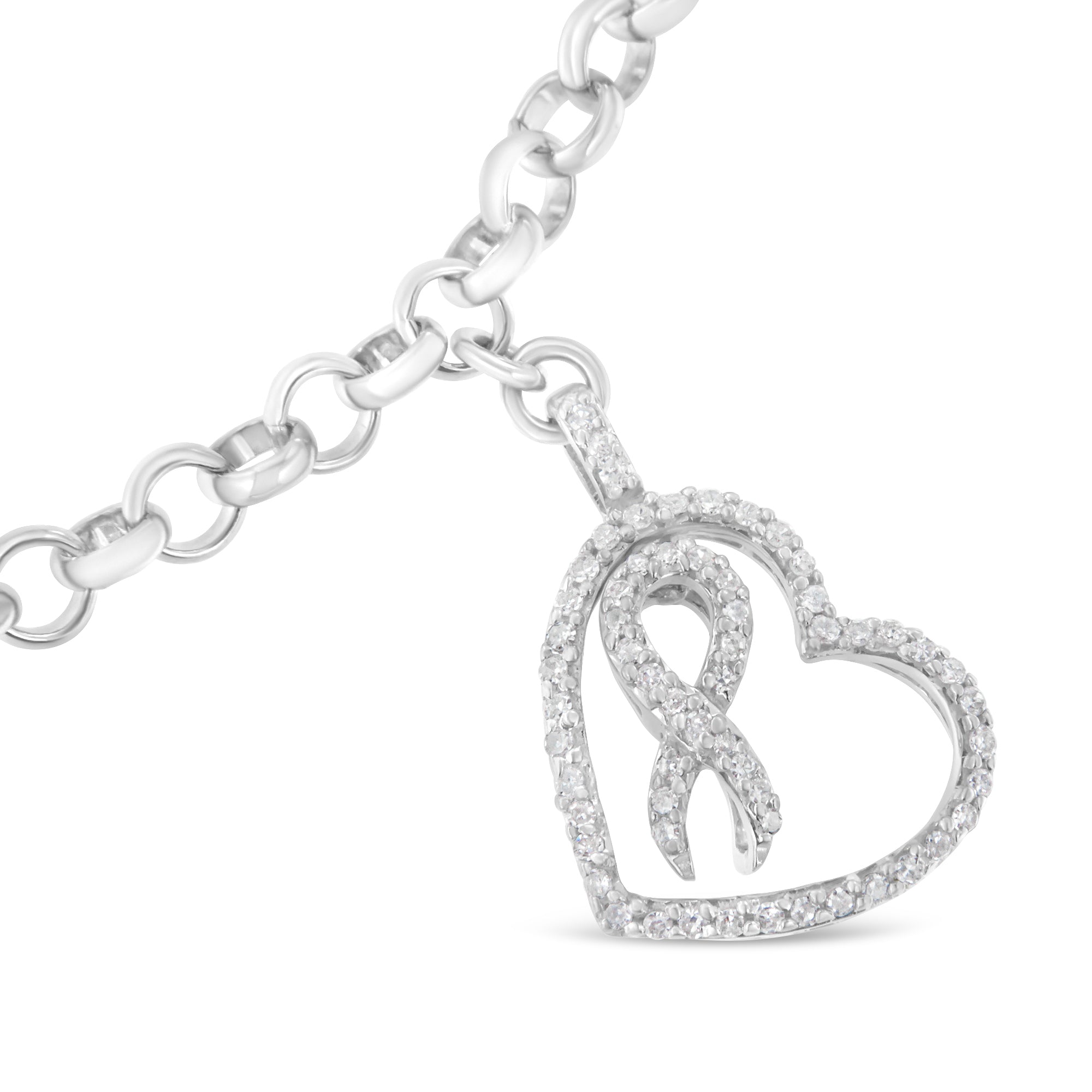 Haus of Brilliance .925 Sterling Silver 1/4 Cttw Diamond-Accented Heart and Ribbon Charm 7" Link Chain Bracelet (H-I Color, I1-I2 Clarity)