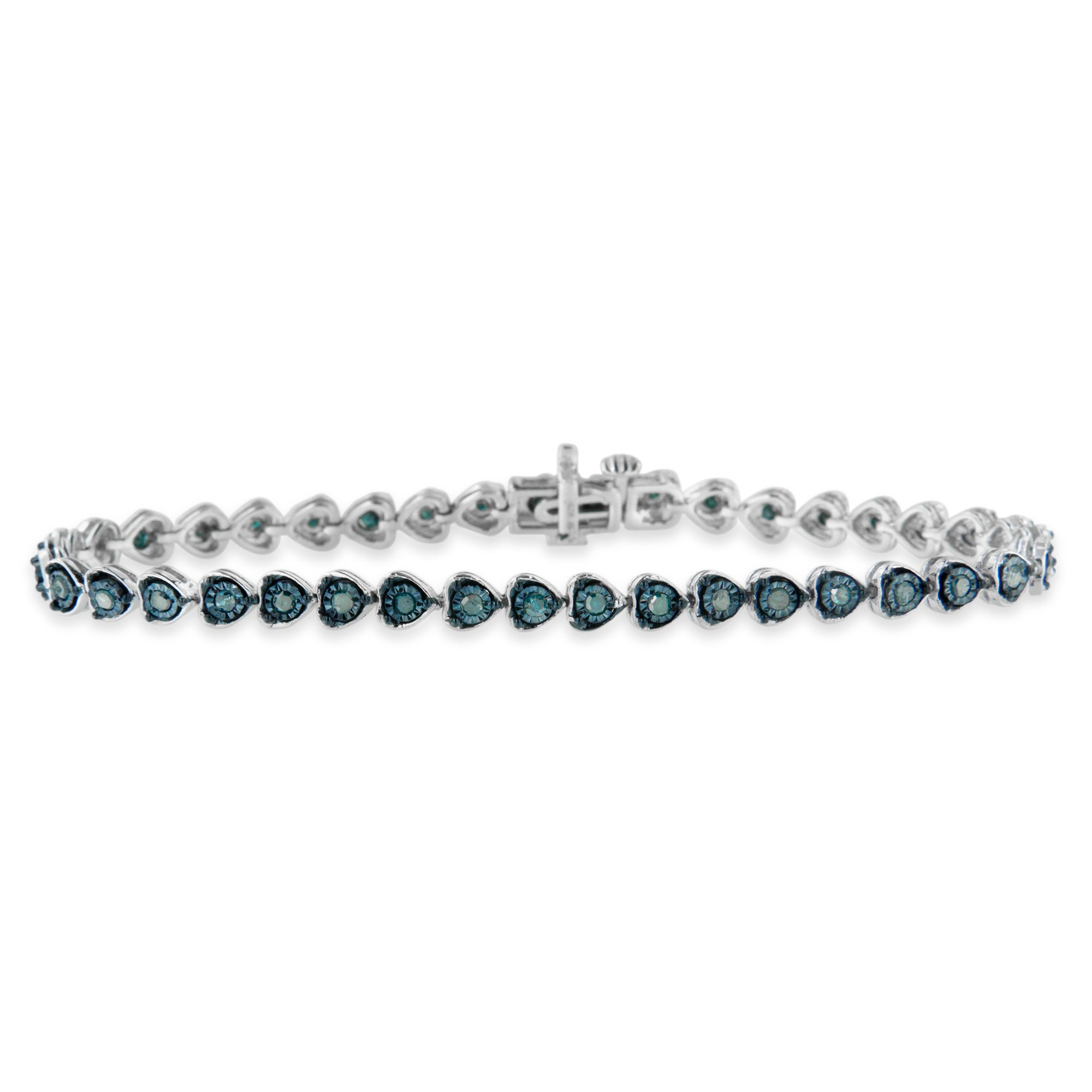 Haus of Brilliance Black Rhodium over .925 Sterling Silver 1.0 Cttw Miracle Set Diamond Heart-Link 7" Tennis Bracelet (Blue Color, I2-I3 Clarity)