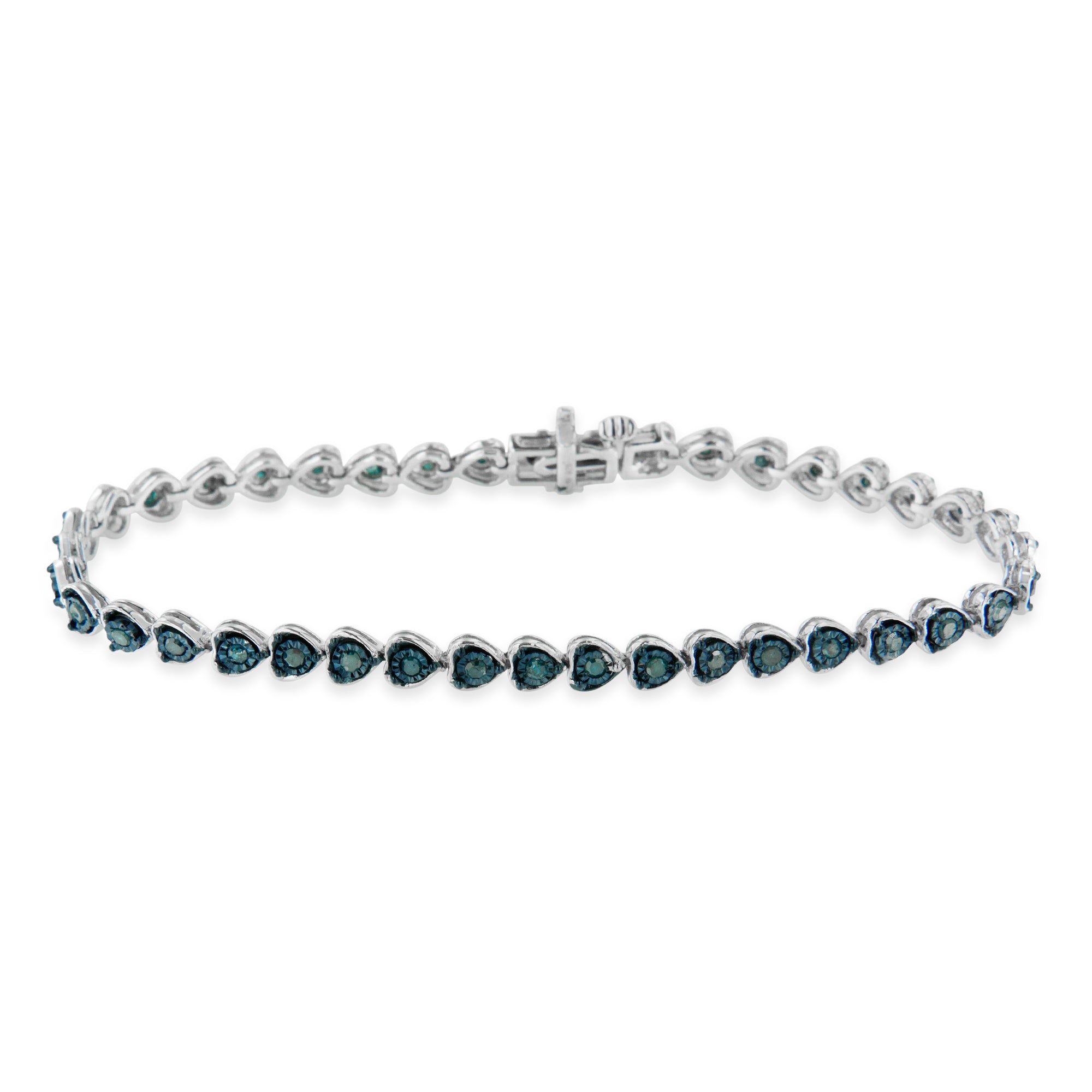 Haus of Brilliance Black Rhodium over .925 Sterling Silver 1.0 Cttw Miracle Set Diamond Heart-Link 7" Tennis Bracelet (Blue Color, I2-I3 Clarity)