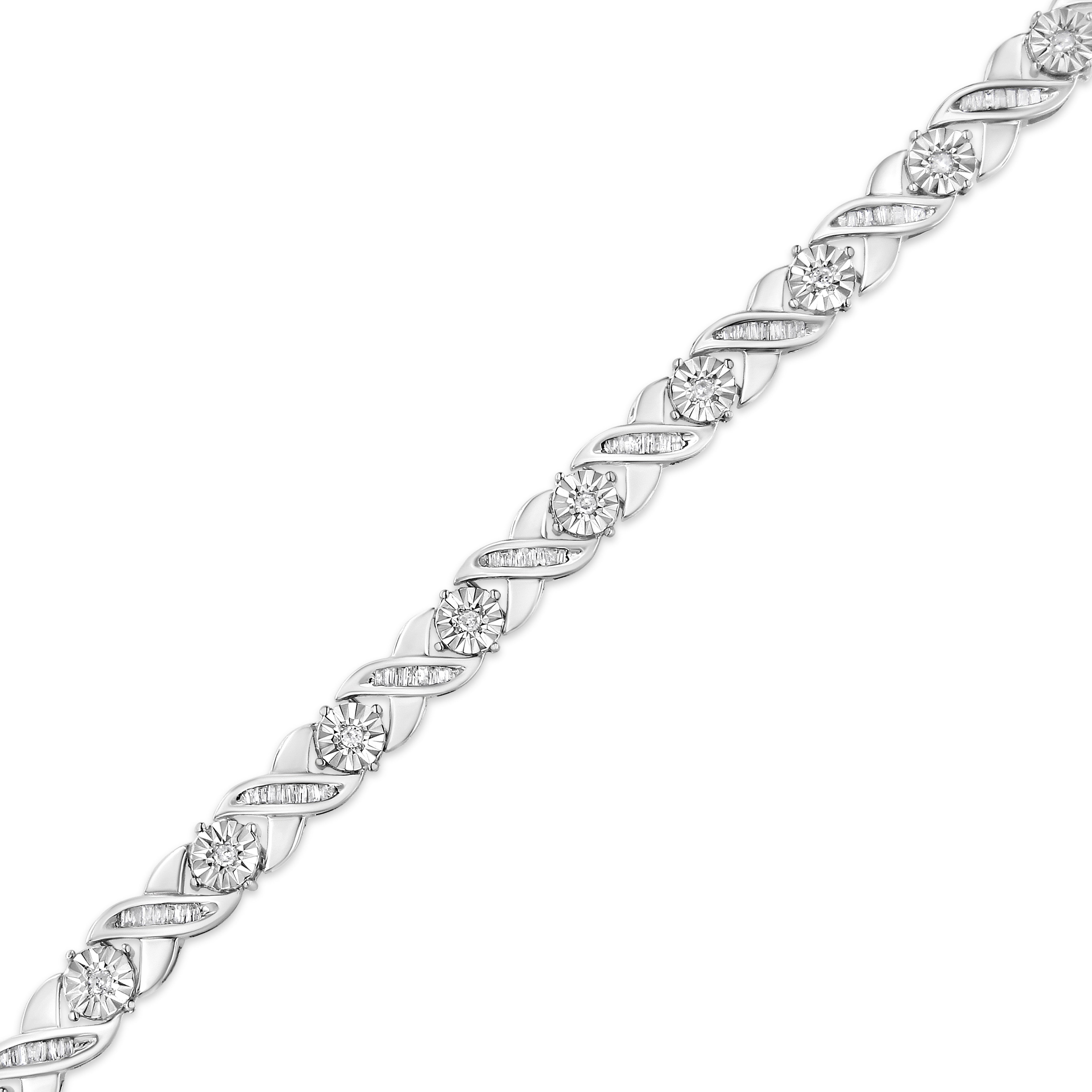 Haus of Brilliance .925 Sterling Silver 1.0 Cttw Round-Brilliant and Baguette Cut Diamond Miracle-Set X-Link 7" Tennis Bracelet (I-J Color, I2-I3 Clarity)