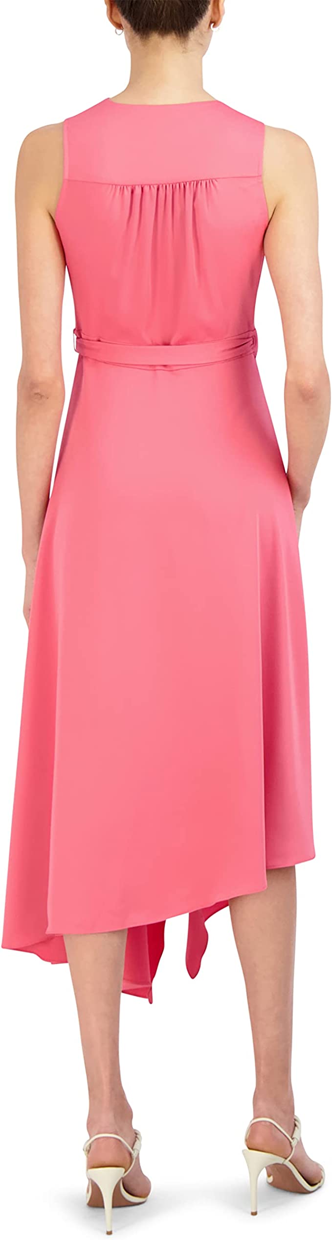 Fit & Flare Asymmetrical Hem Tie Belt Midi Wrap Dress