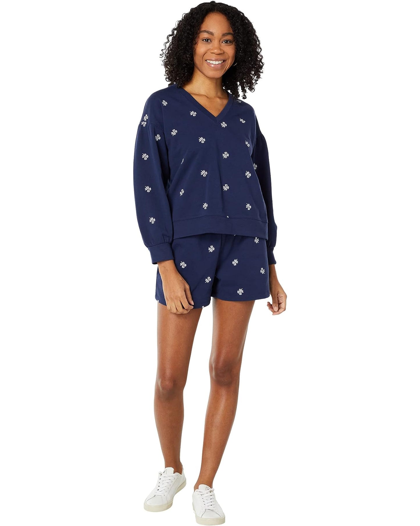 Draper James Bobbie Embroidered V-Neck Sweatshirt - Floral - Navy Multi/Viola/Navy - M