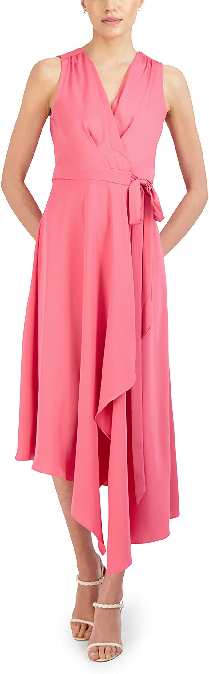 Fit & Flare Asymmetrical Hem Tie Belt Midi Wrap Dress