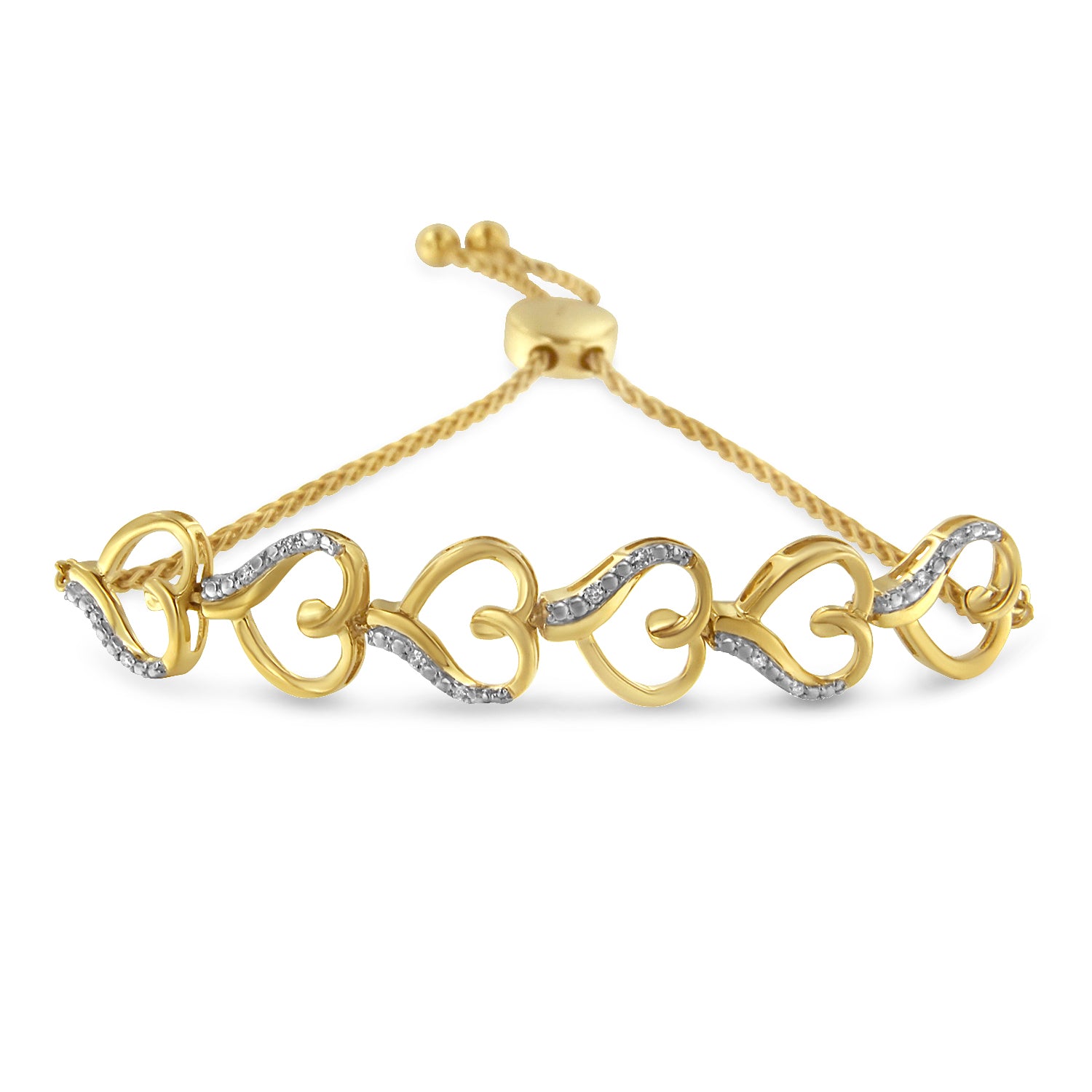 Haus of Brilliance 10K Yellow Gold over .925 Sterling Silver Diamond Accented Open Hearts 6”-9” Adjustable Chain Bolo Bracelet (H-I Color, I2-I3 Clarity)