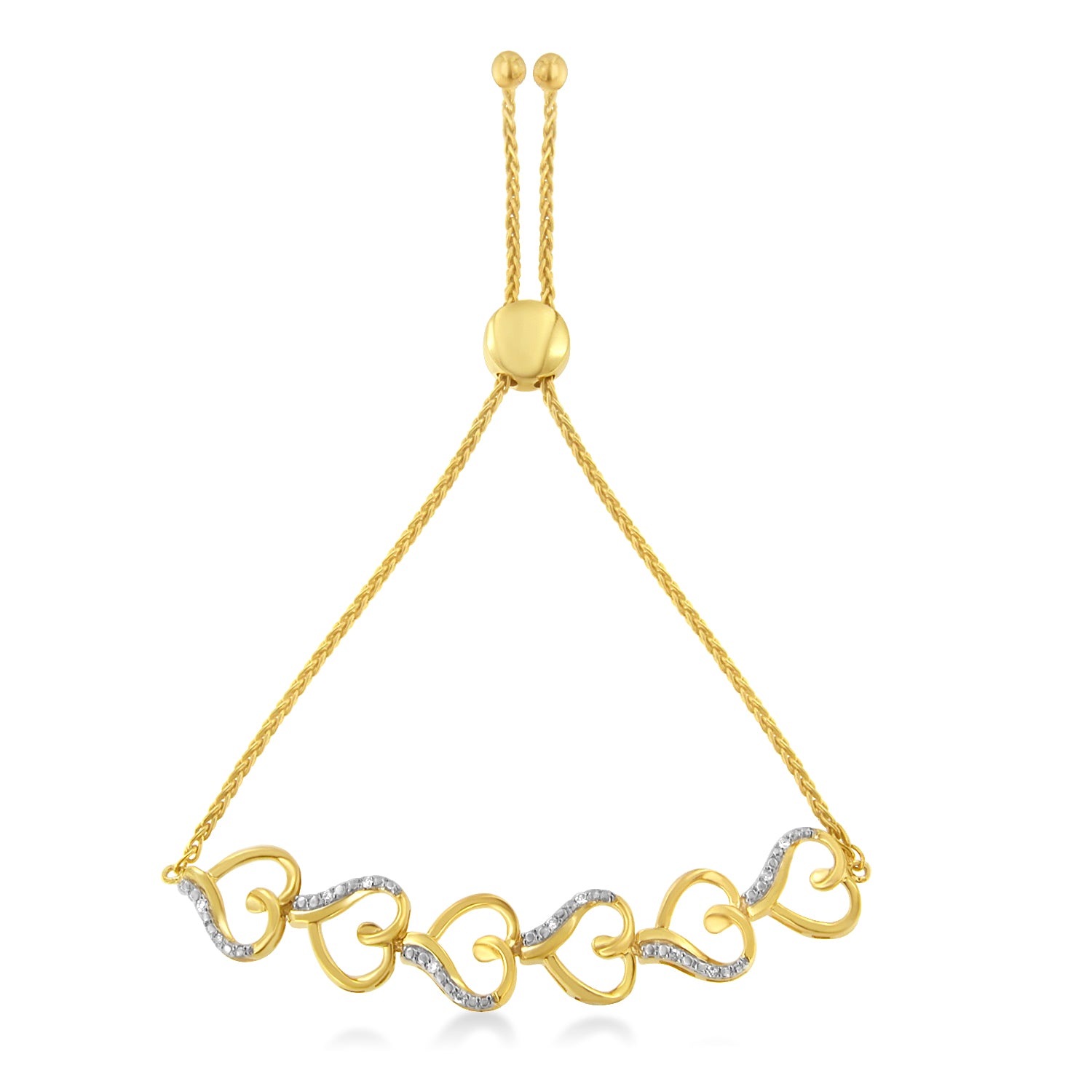 Haus of Brilliance 10K Yellow Gold over .925 Sterling Silver Diamond Accented Open Hearts 6”-9” Adjustable Chain Bolo Bracelet (H-I Color, I2-I3 Clarity)