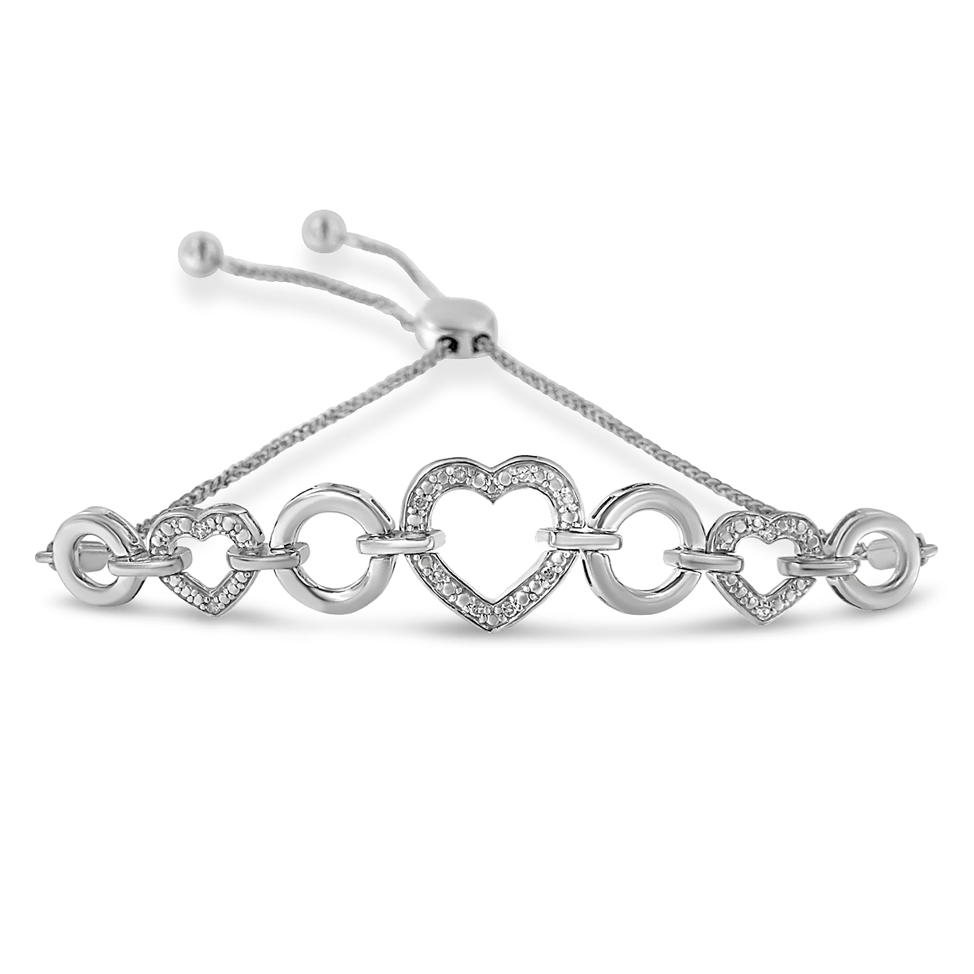Haus of Brilliance .925 Sterling Silver 1/10 Cttw Round-Cut Diamond Heart-Link Adjustable Bolo Bracelet ( H-I Color, I2-I3 Clarity) - 6"-9" Adjustable