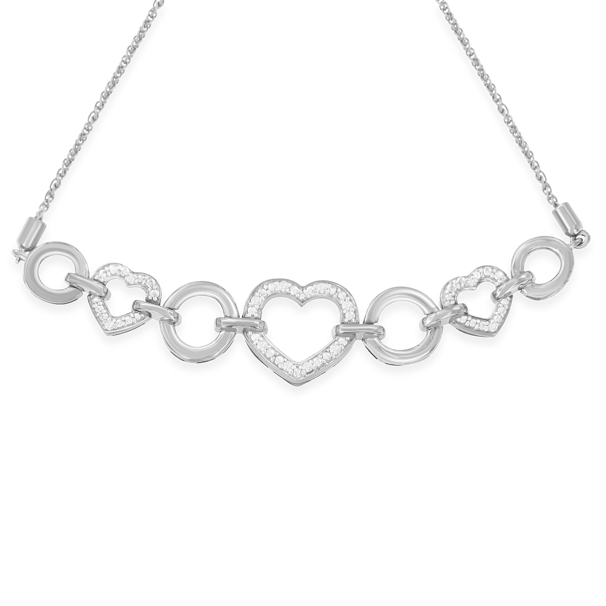 Haus of Brilliance .925 Sterling Silver 1/10 Cttw Round-Cut Diamond Heart-Link Adjustable Bolo Bracelet ( H-I Color, I2-I3 Clarity) - 6"-9" Adjustable