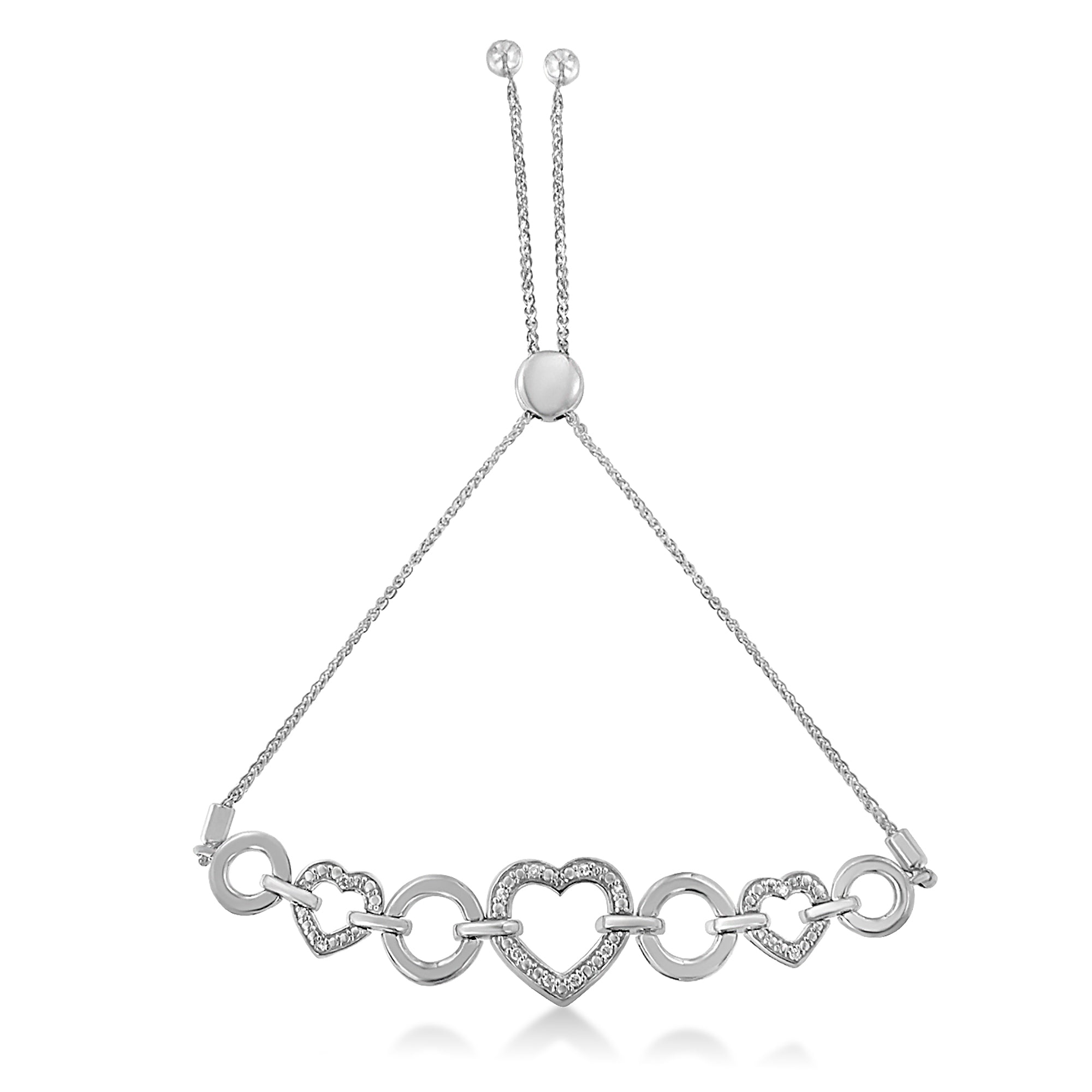 Haus of Brilliance .925 Sterling Silver 1/10 Cttw Round-Cut Diamond Heart-Link Adjustable Bolo Bracelet ( H-I Color, I2-I3 Clarity) - 6"-9" Adjustable