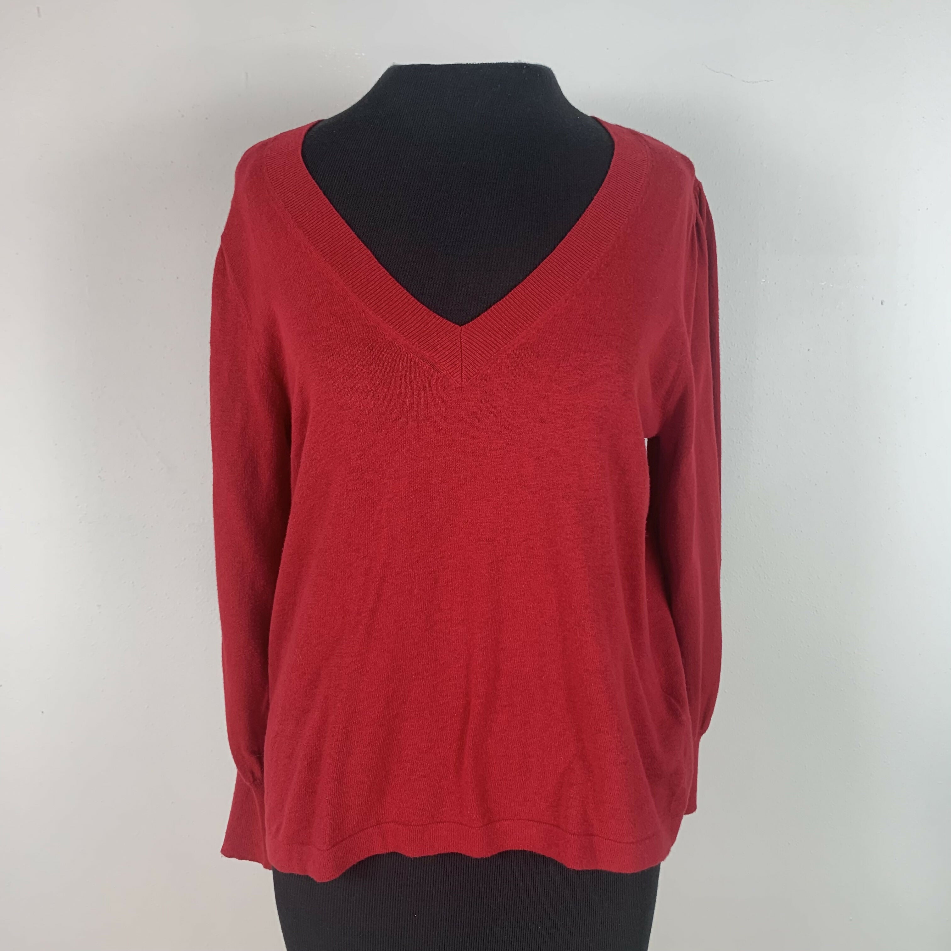 Lilla P 3/4 Puff Sleeve V-Neck Sweater - Red - M