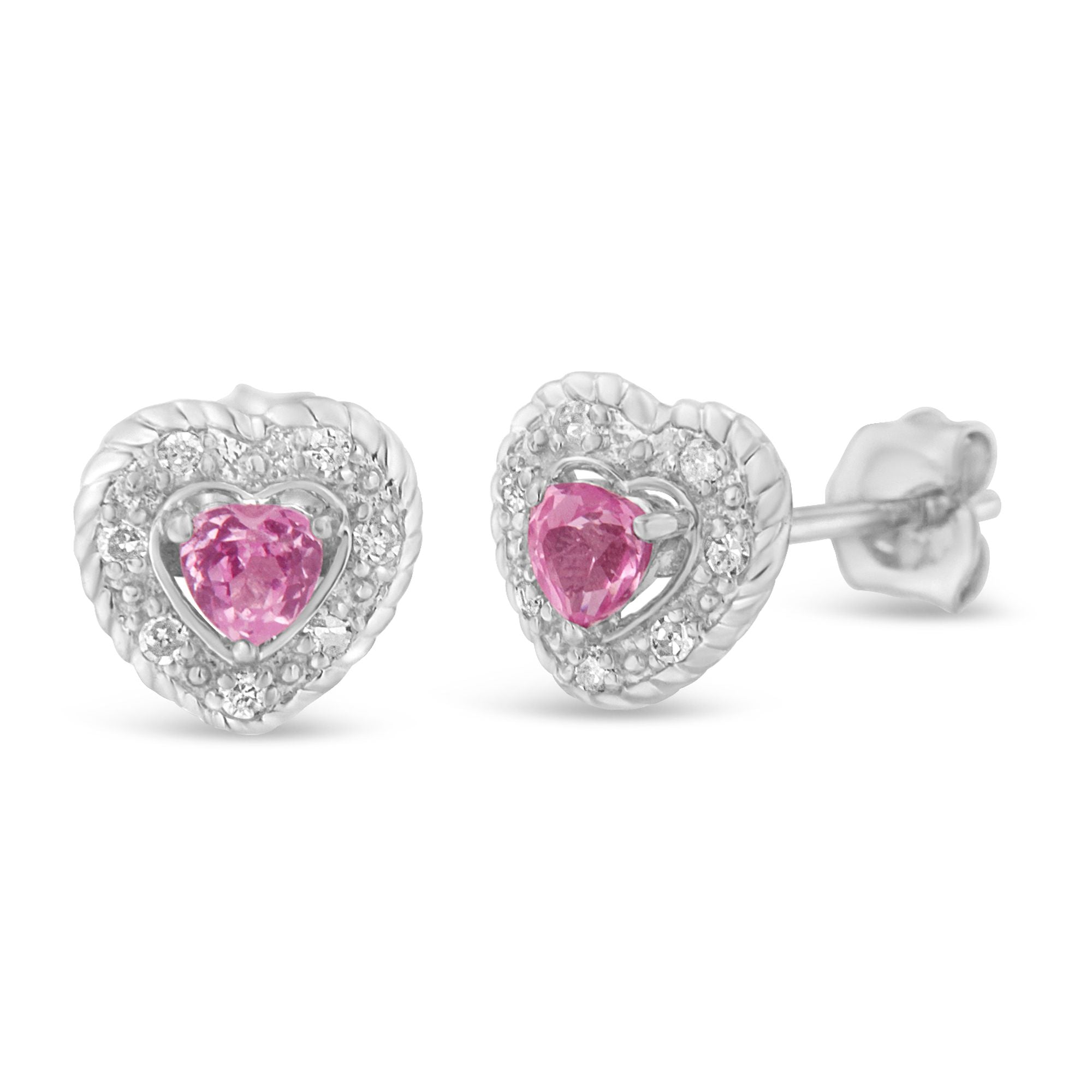 Haus of Brilliance .925 Sterling Silver, Created Pink Sapphire, & Diamond-Accented 5/8" Heart-Shaped Rope Stud Earrings (I-J Color, I2-I3 Clarity)