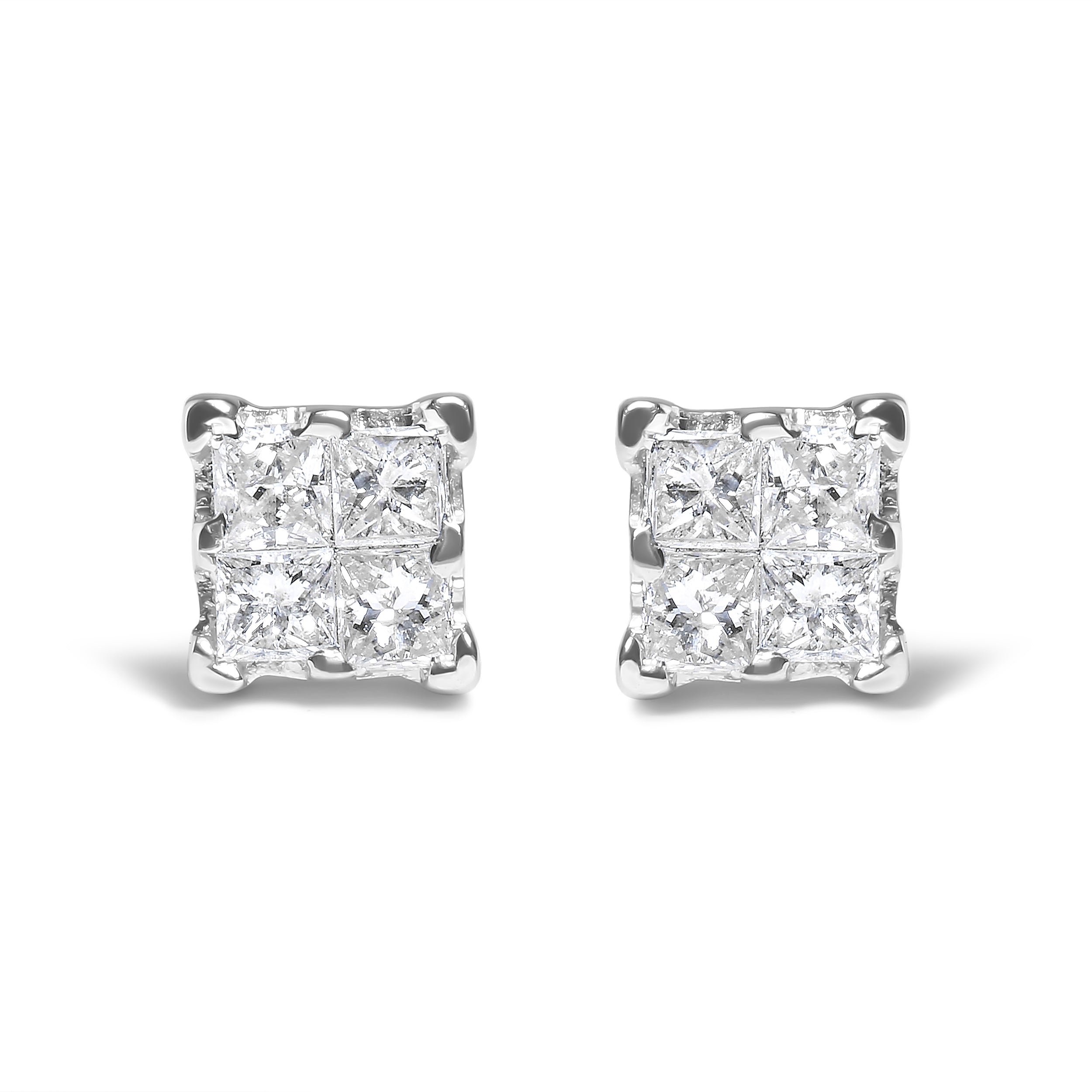 Haus of Brilliance .925 Sterling Silver 1/4 Cttw Invisible Set Princess Diamond Composite Quad Stud Earrings (I-J Color, I1-I2 Clarity)