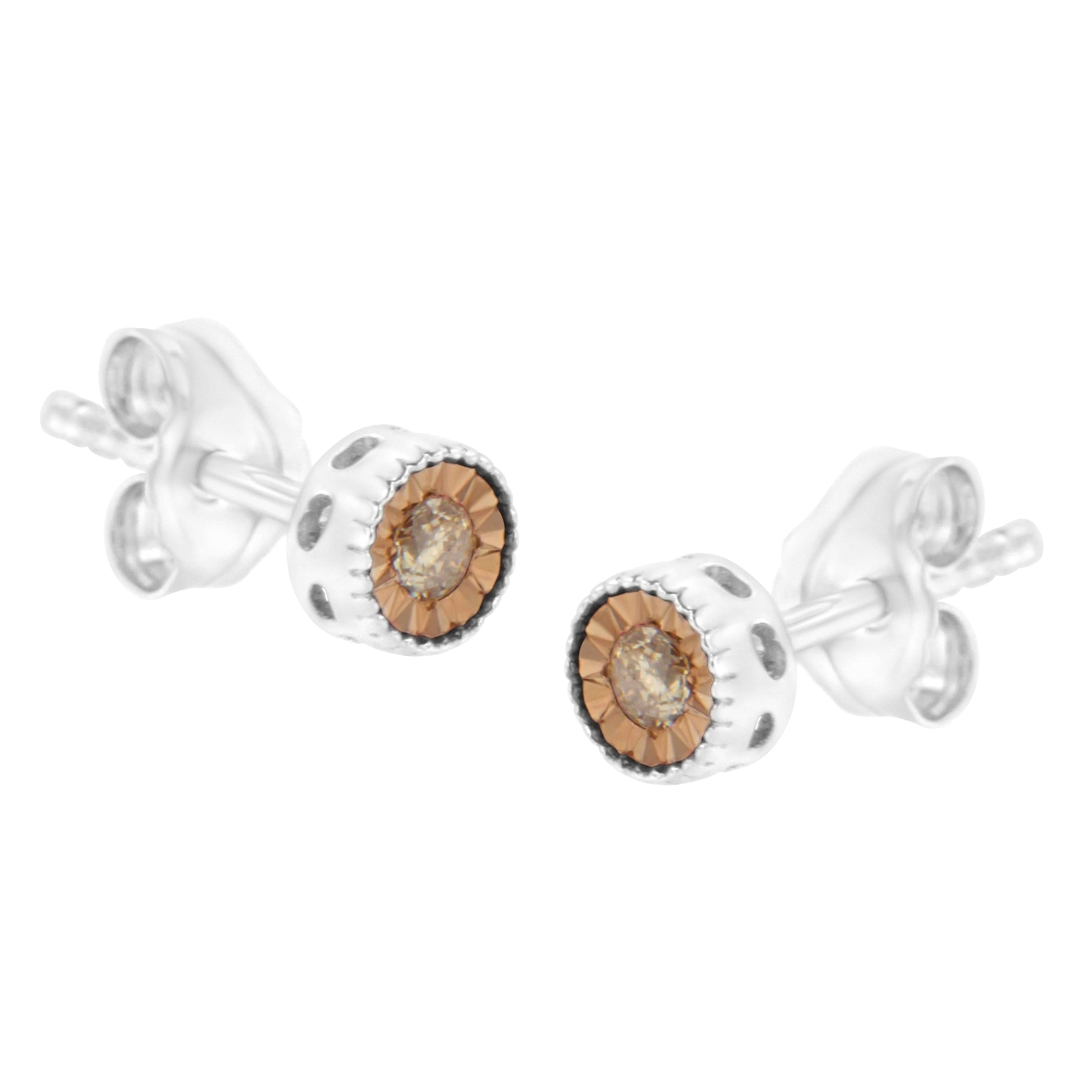 Haus of Brilliance .925 Sterling Silver 1/10 Cttw Round Brilliant-Cut Champagne Diamond Miracle-Set Stud Earrings (Natural Color, I1-I2 Clarity)