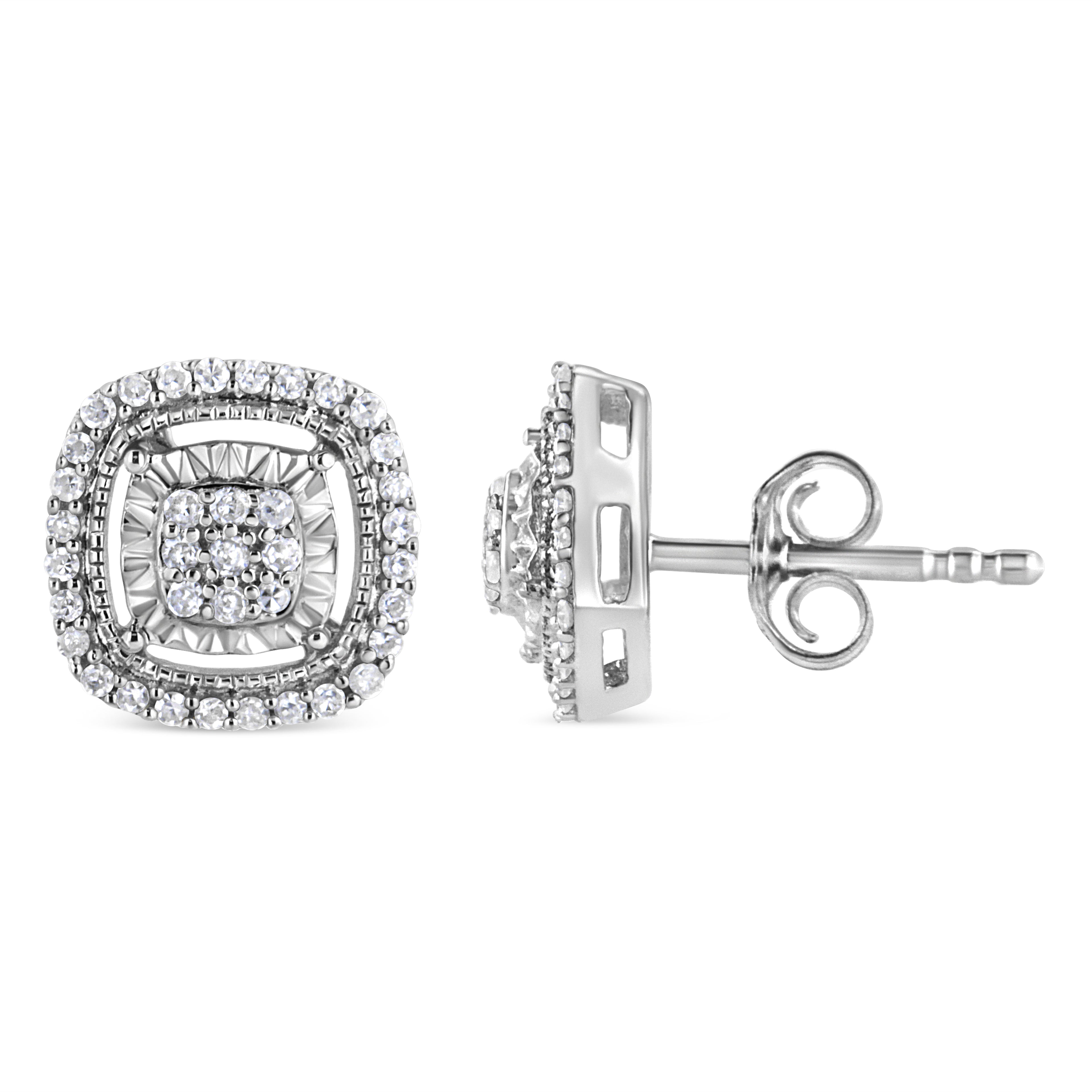 Haus of Brilliance .925 Sterling Silver 1/4 Cttw Prong Set Round-Cut Diamond Cluster in Square Frame Stud Earring (I-J Color, I2-I3 Clarity)