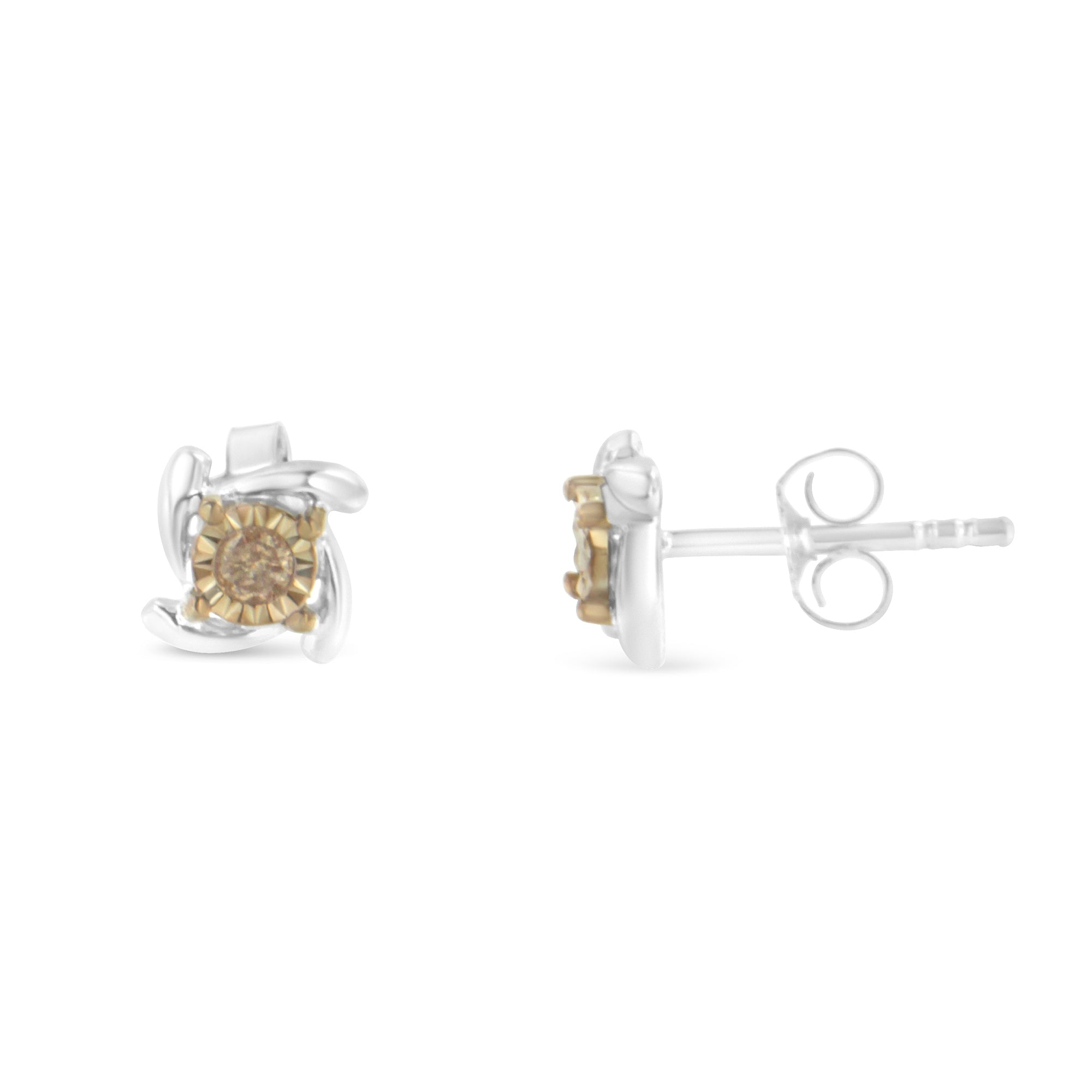 Haus of Brilliance Two-Toned Sterling-Silver Diamond Stud Earring (0.10 cttw, Champagne Color, I2-I3 Clarity)