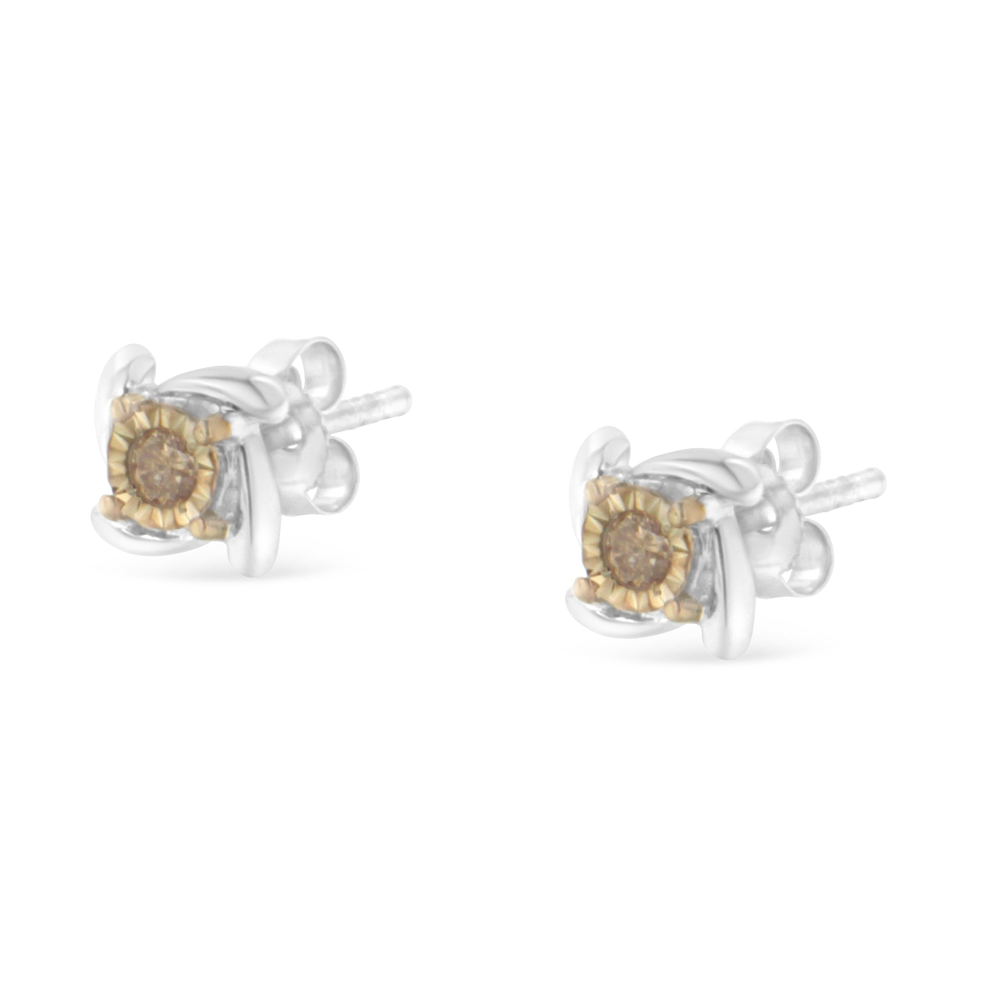Haus of Brilliance Two-Toned Sterling-Silver Diamond Stud Earring (0.10 cttw, Champagne Color, I2-I3 Clarity)