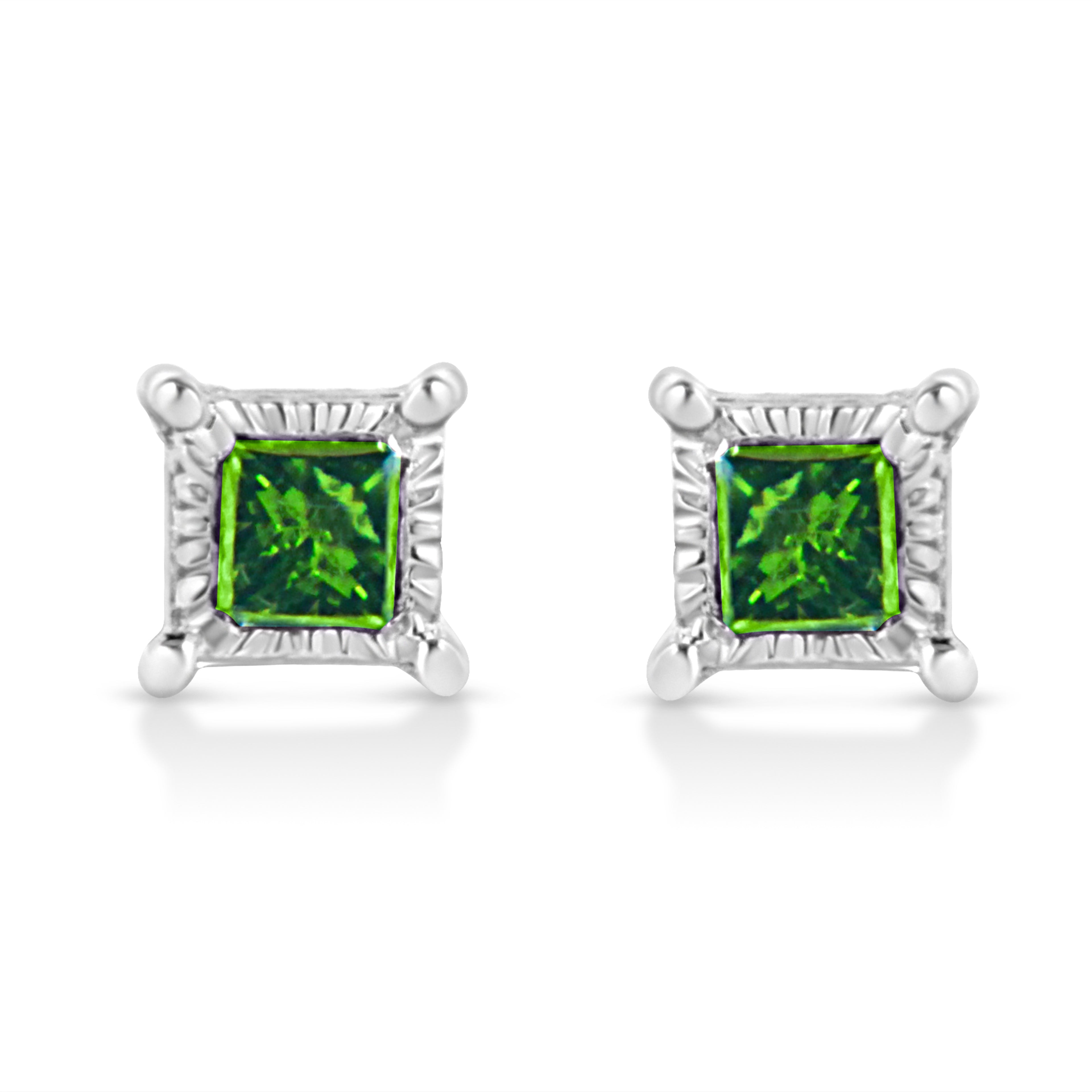 Haus of Brilliance .925 Sterling Silver 1/10 Cttw Miracle Set Princess-Cut Treated Green Diamond Stud Earrings (Green Color, I1-I2 Clarity)