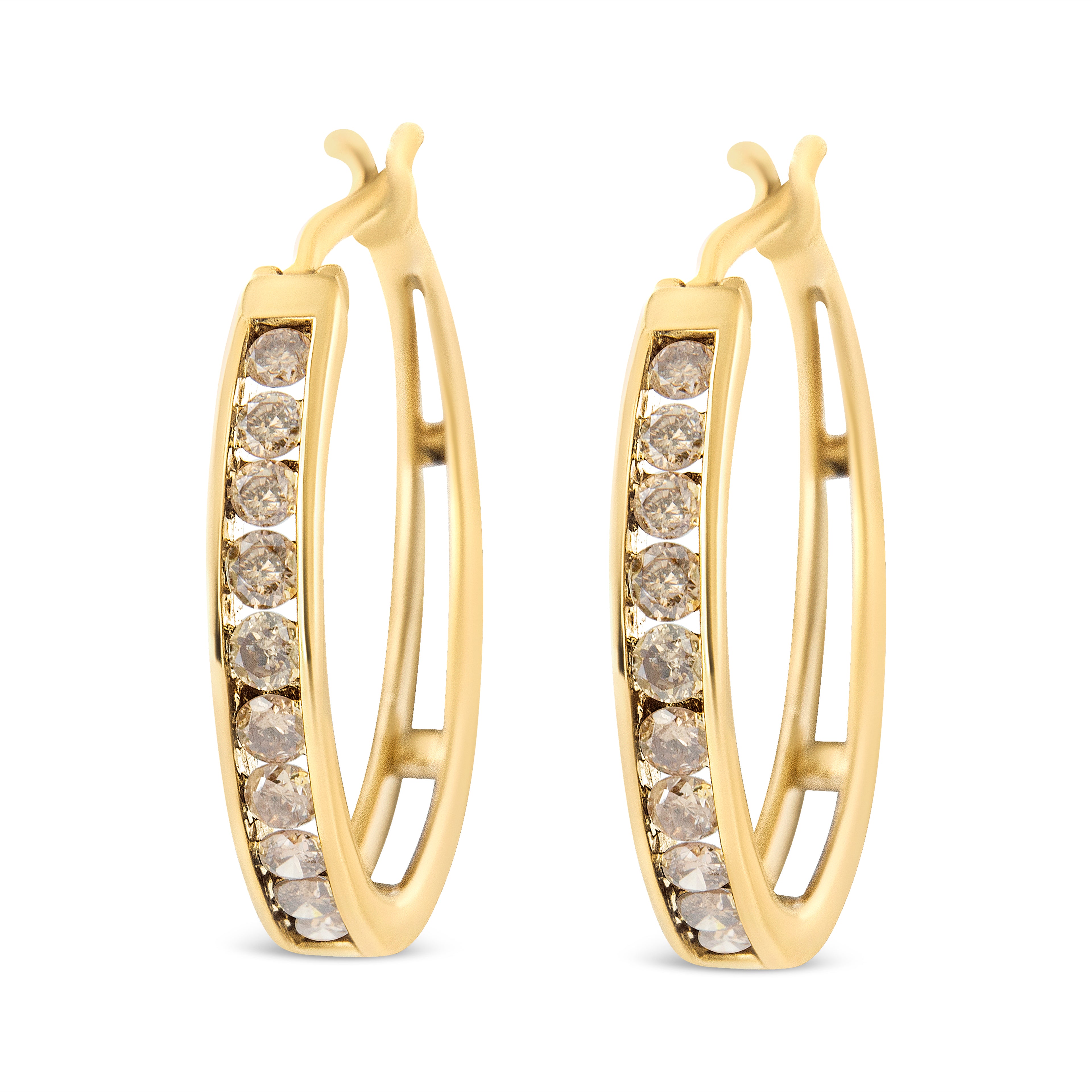 Haus of Brilliance 14K Yellow Gold Plated .925 Sterling Silver 1.0 Cttw Channel Set Champagne Diamond Hoop Earrings with Snap Post (K-L Color, I1-I2 Clarity)