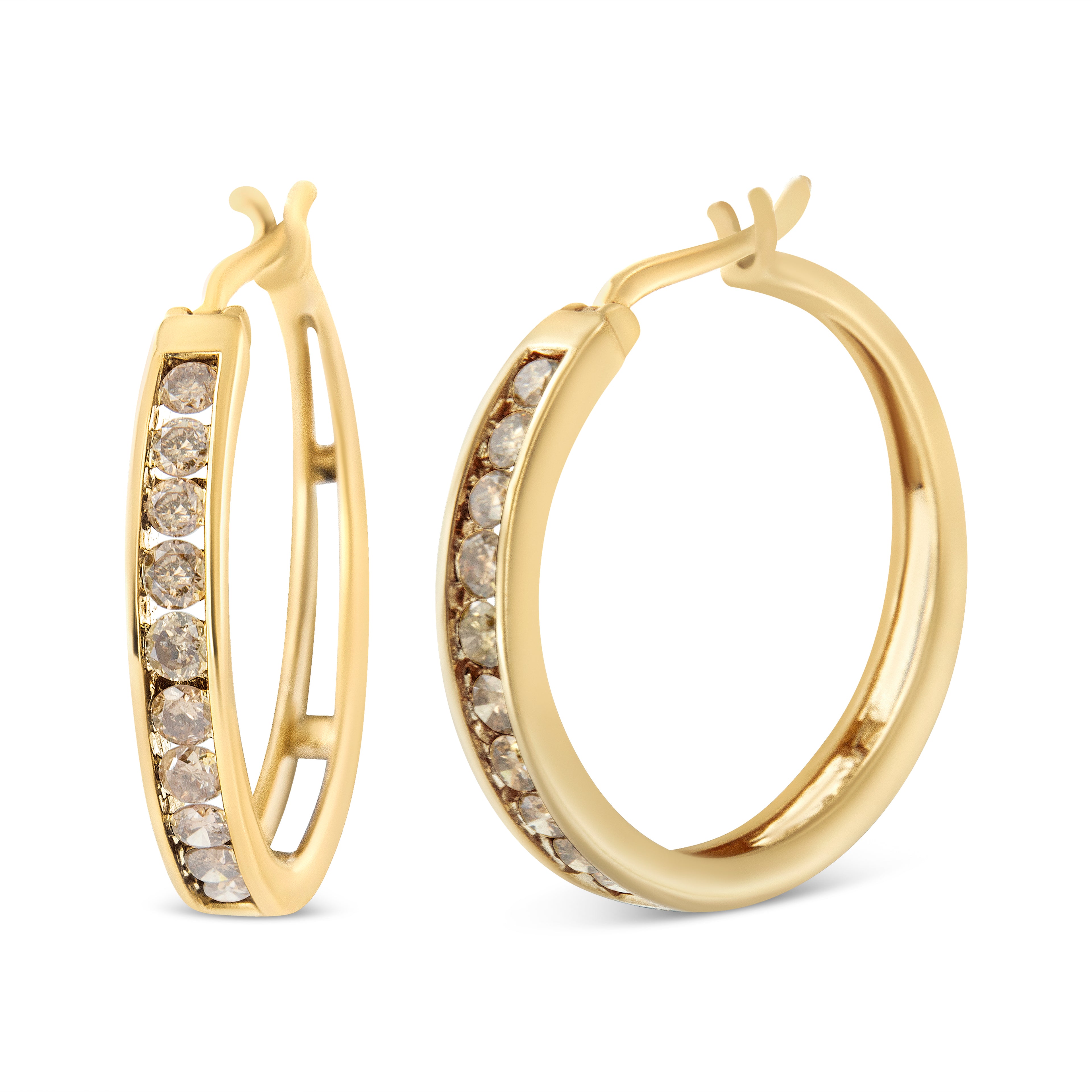 Haus of Brilliance 14K Yellow Gold Plated .925 Sterling Silver 1.0 Cttw Channel Set Champagne Diamond Hoop Earrings with Snap Post (K-L Color, I1-I2 Clarity)