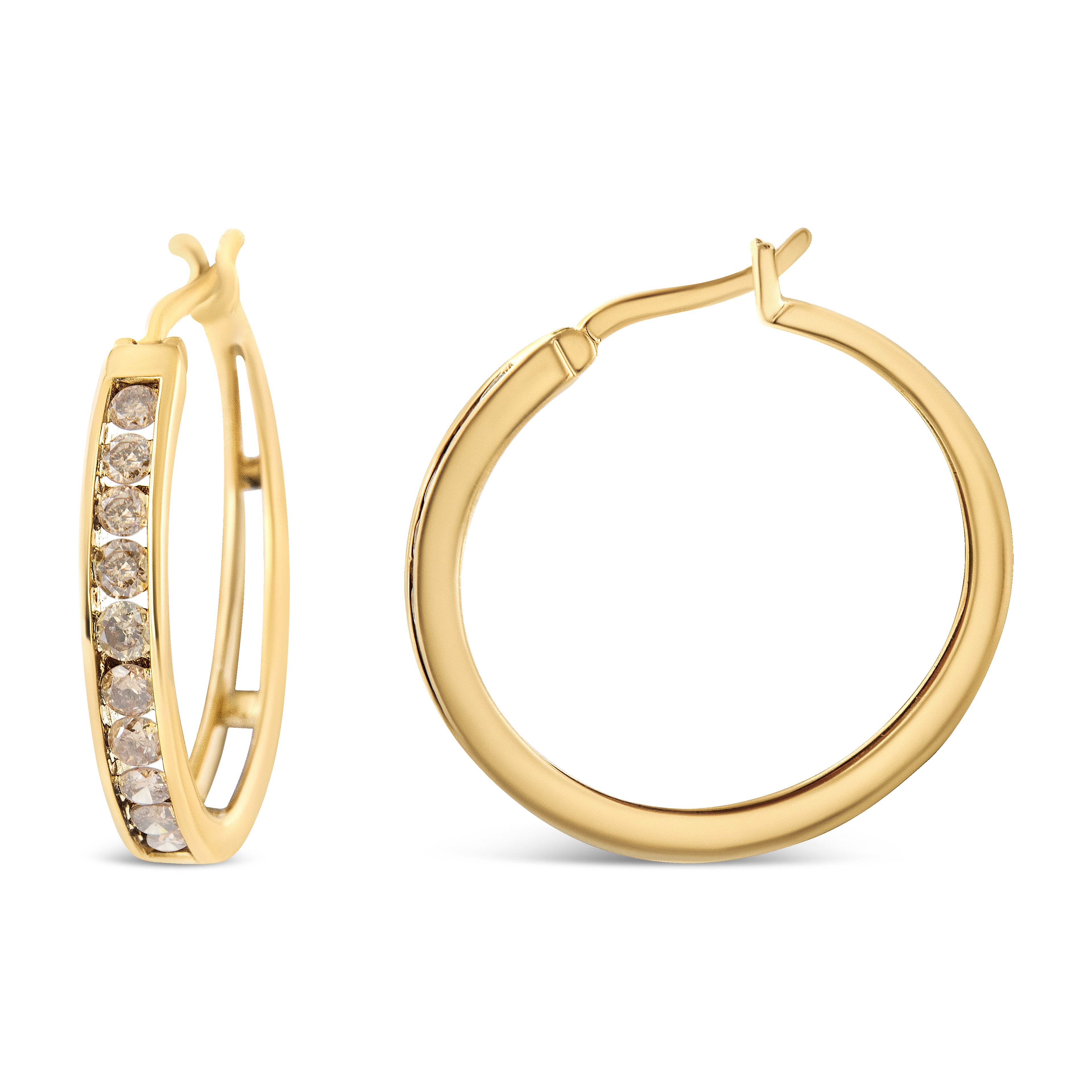 Haus of Brilliance 14K Yellow Gold Plated .925 Sterling Silver 1.0 Cttw Channel Set Champagne Diamond Hoop Earrings with Snap Post (K-L Color, I1-I2 Clarity)