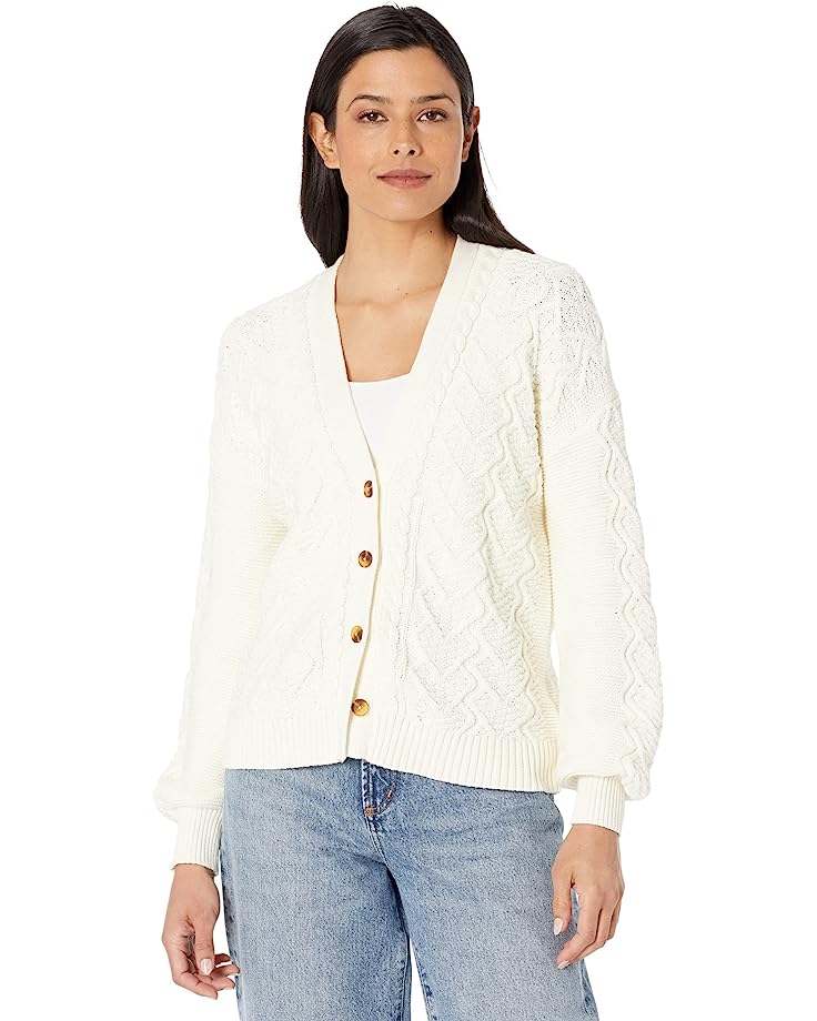 Lilla P Novelty Stitch Button Cardigan Sweater - Cable Knit - Off White/Ivory - M