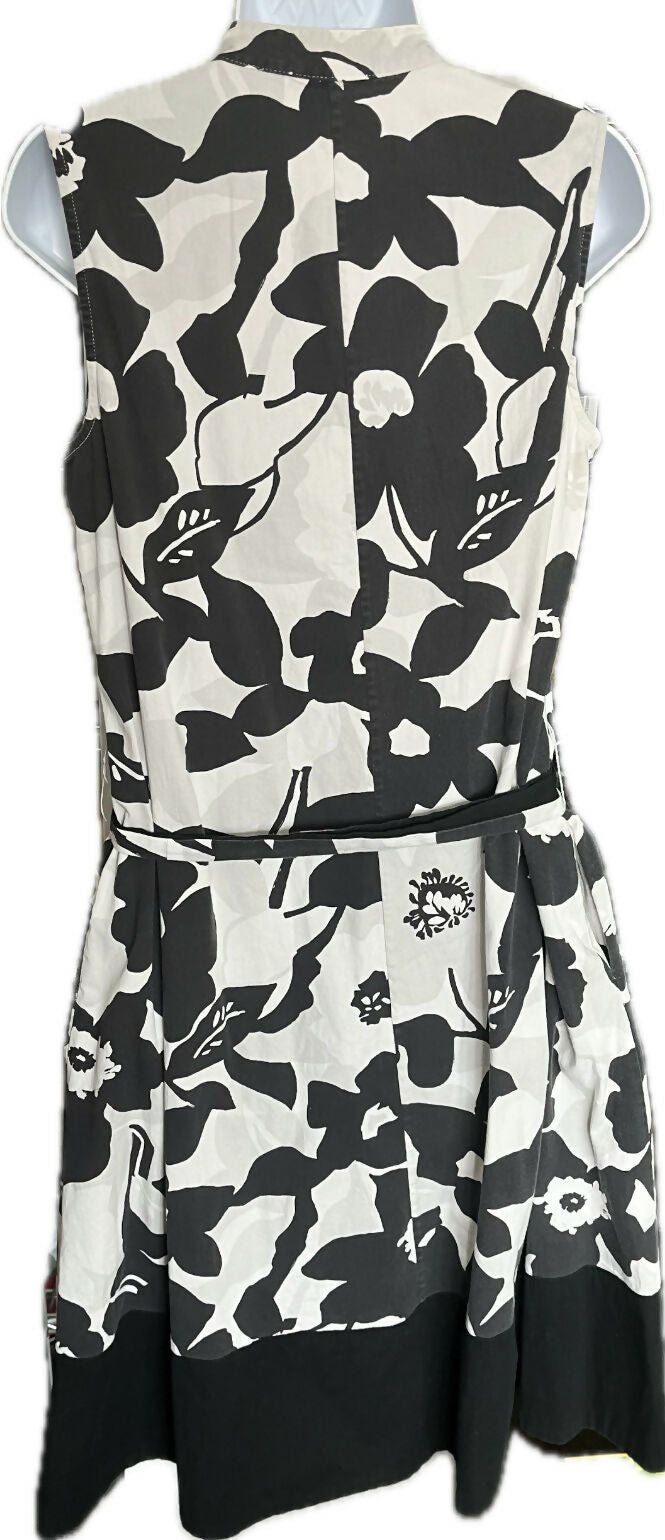 Natori Garden Mandarin sleeveless Dress pockets, belted Floral Black white beige Small