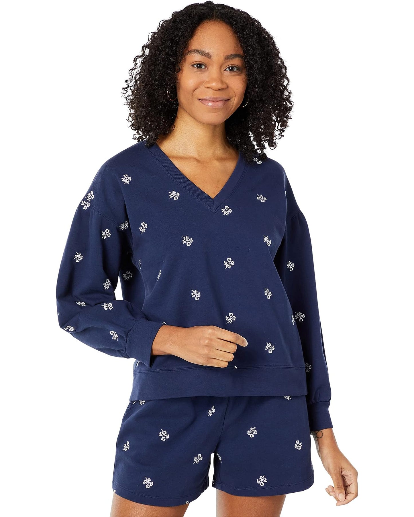 Draper James Bobbie Embroidered V-Neck Sweatshirt - Floral - Navy Multi/Viola/Navy - M