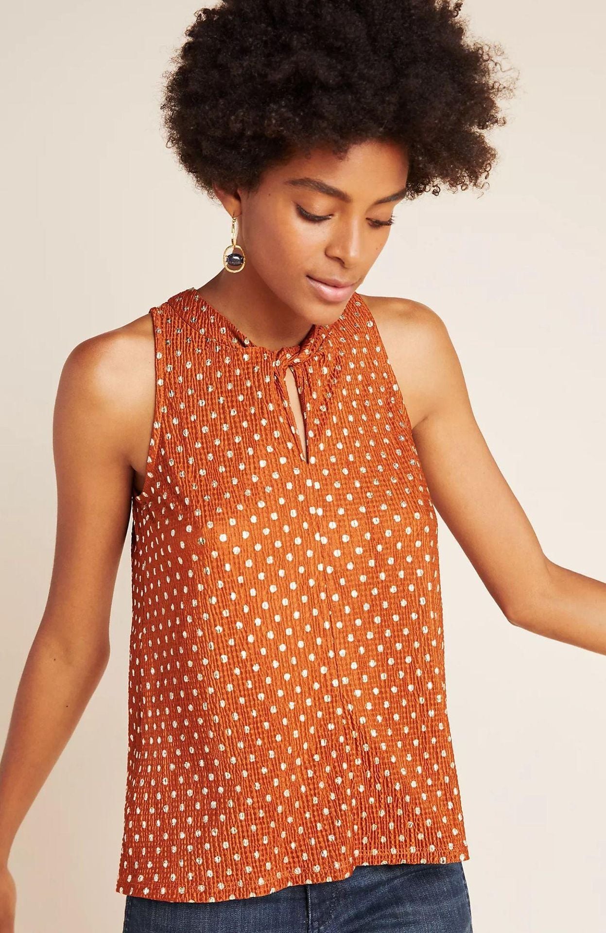 Anthropologie Metallic Brown & Silver Polka Dot Print Sleeveless Top