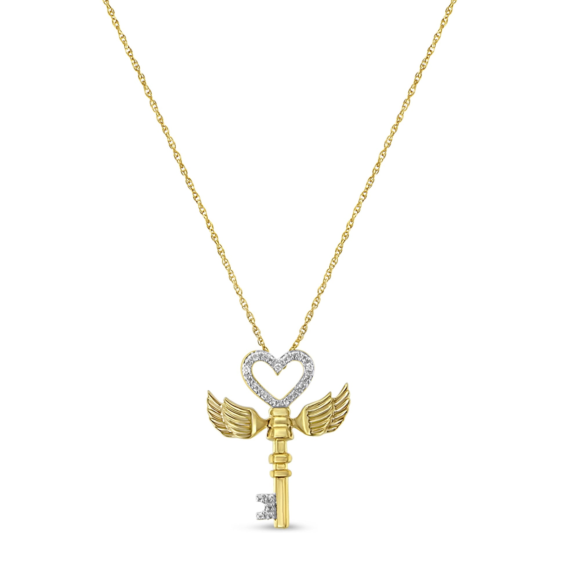 Haus of Brilliance 10K Yellow Gold over .925 Sterling Silver Diamond Accented Heart Angel Wing Key to Heaven 18" Rope Chain Pendant Necklace (H-I Color, I2-I3 Clarity)