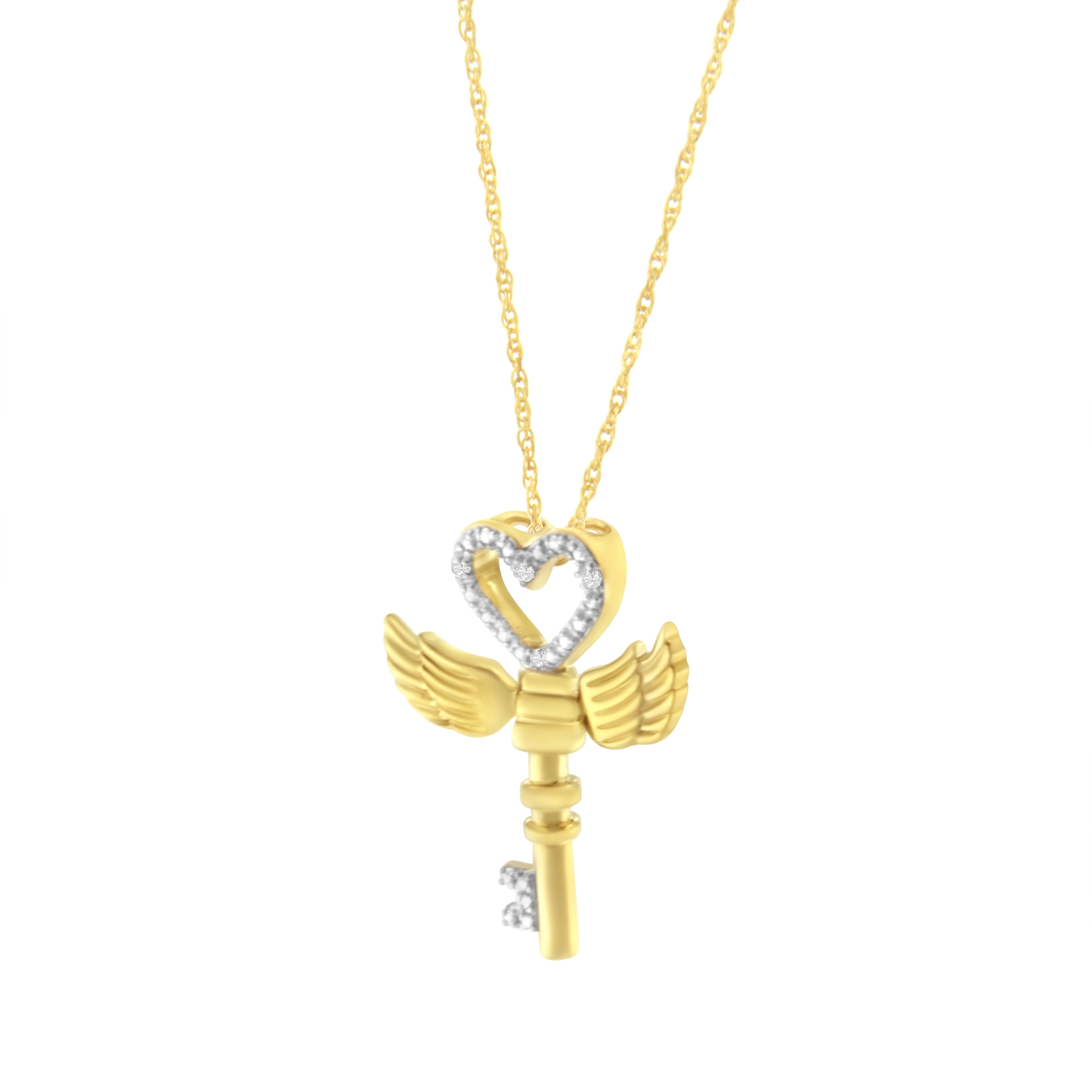 Haus of Brilliance 10K Yellow Gold over .925 Sterling Silver Diamond Accented Heart Angel Wing Key to Heaven 18" Rope Chain Pendant Necklace (H-I Color, I2-I3 Clarity)
