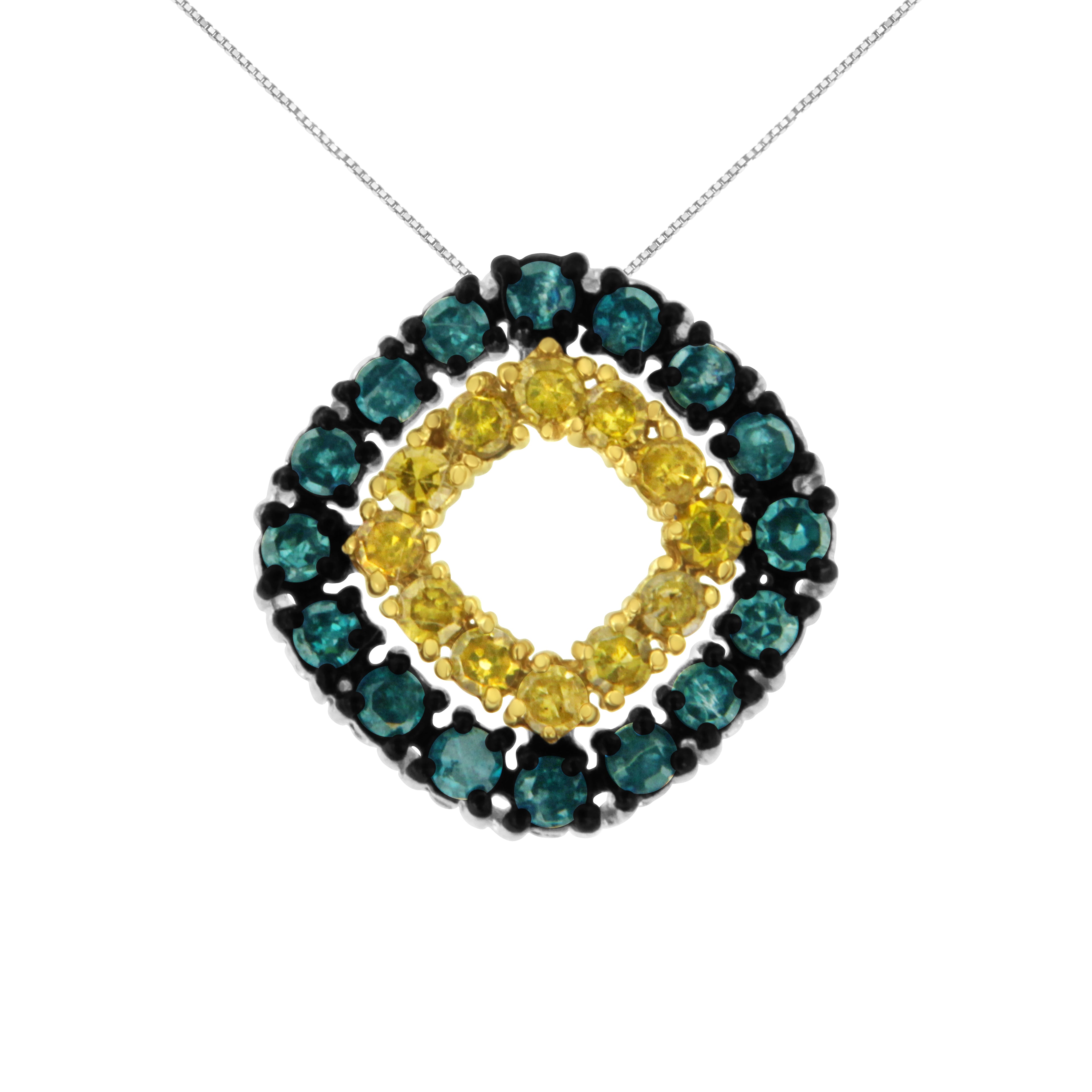 Haus of Brilliance .925 Sterling Silver 1/2 Cttw Treated Blue and Yellow Diamond Double Square 18" Pendant Necklace (Blue/Yellow Color, I2-I3 Clarity)