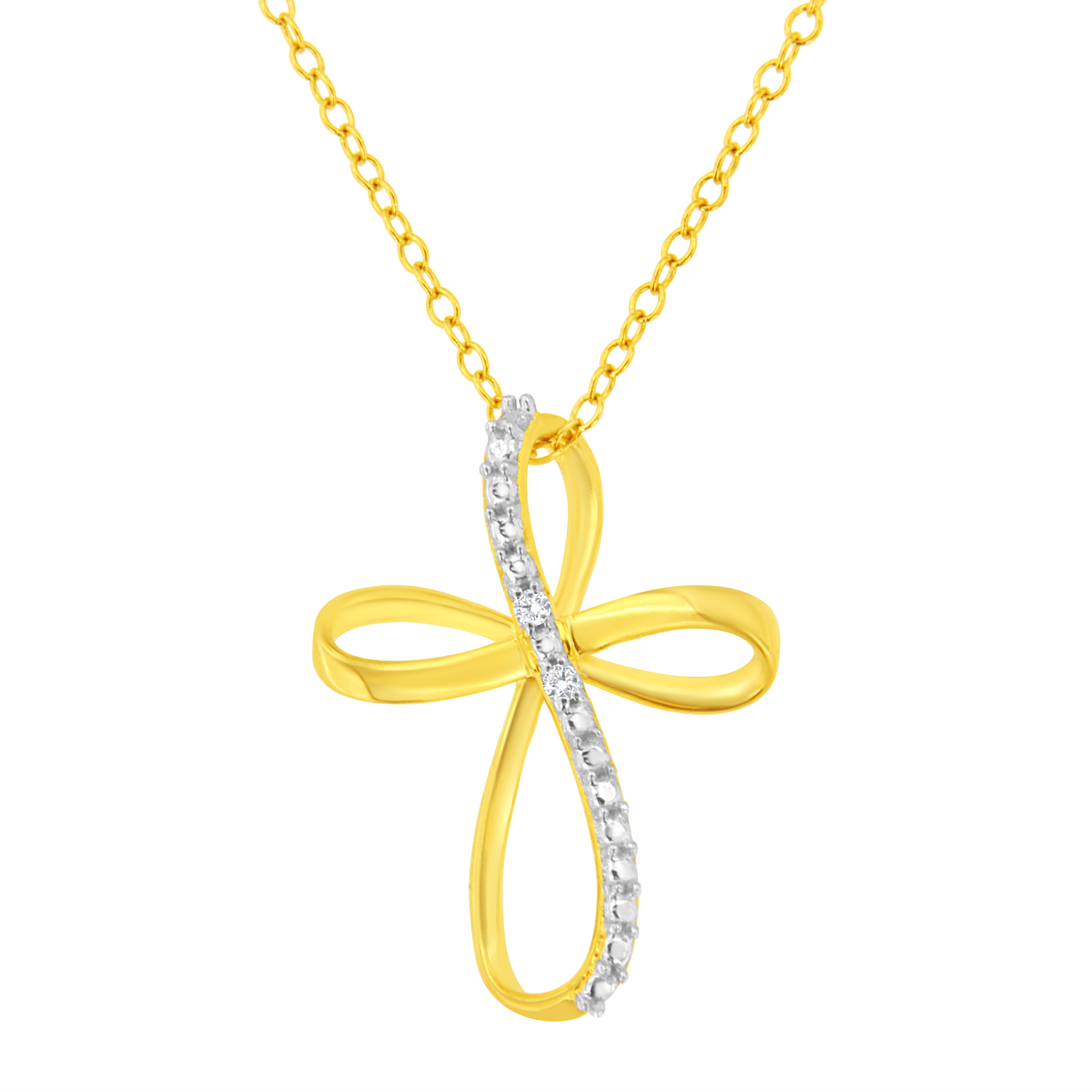 Haus of Brilliance 10K Yellow Gold Plated .925 Sterling Silver Diamond Accent Cross Ribbon 18" Pendant Necklace (I-J Color, I2-I3 Clarity)