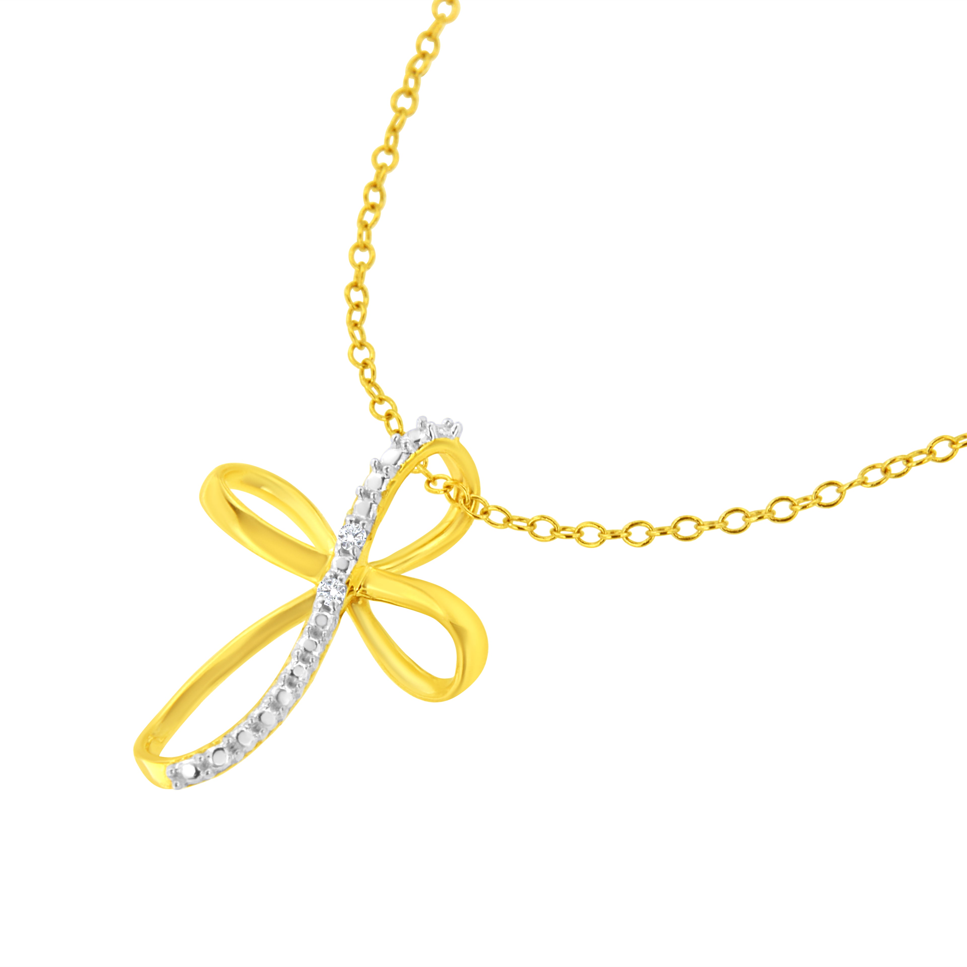 Haus of Brilliance 10K Yellow Gold Plated .925 Sterling Silver Diamond Accent Cross Ribbon 18" Pendant Necklace (I-J Color, I2-I3 Clarity)