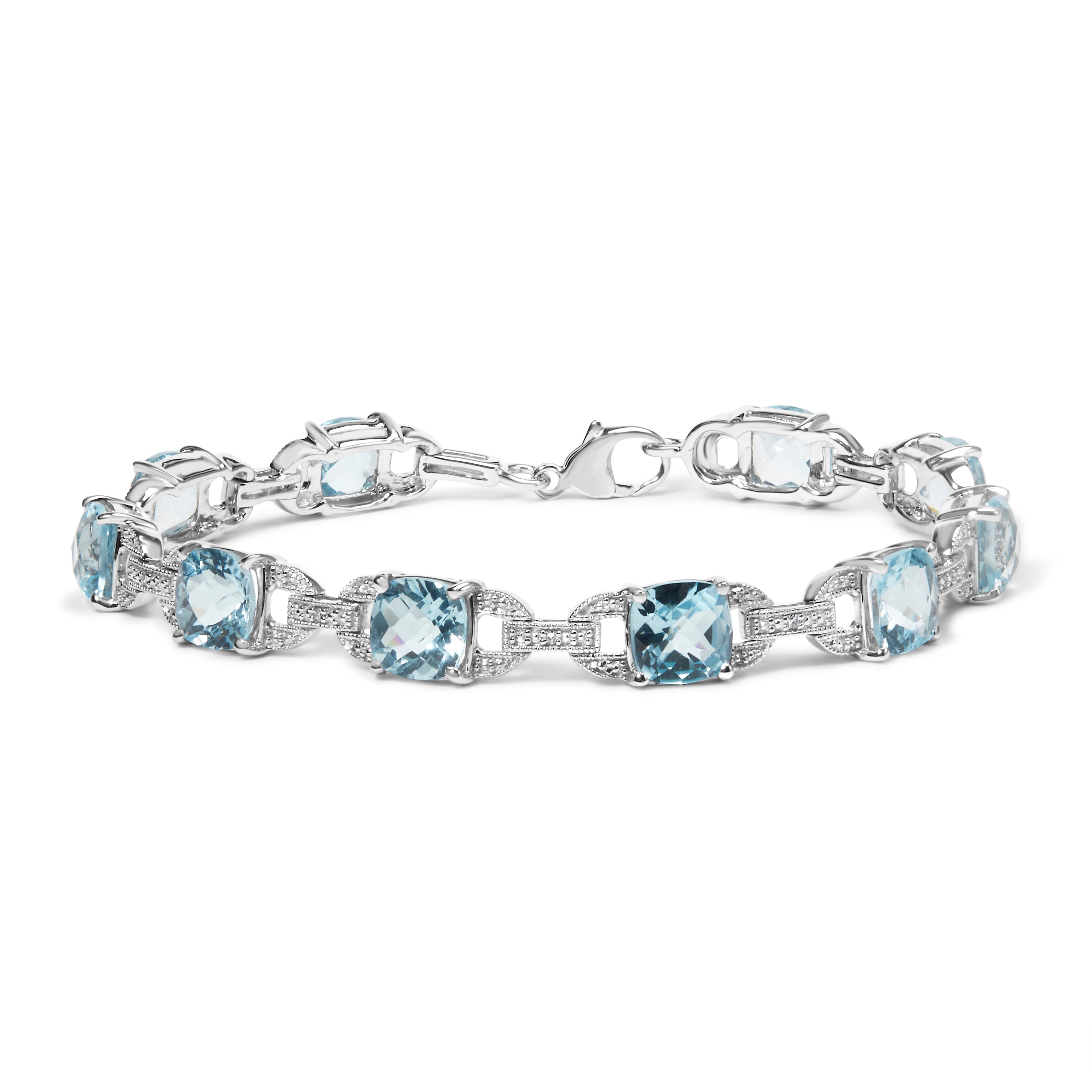 Haus of Brilliance .925 Sterling Silver 7x7 mm Cushion Cut Blue Topaz and 1/20 cttw Round Cut Diamond Fashion Tennis Bracelet (I-J Color, I1-I2 Clarity) - 7"
