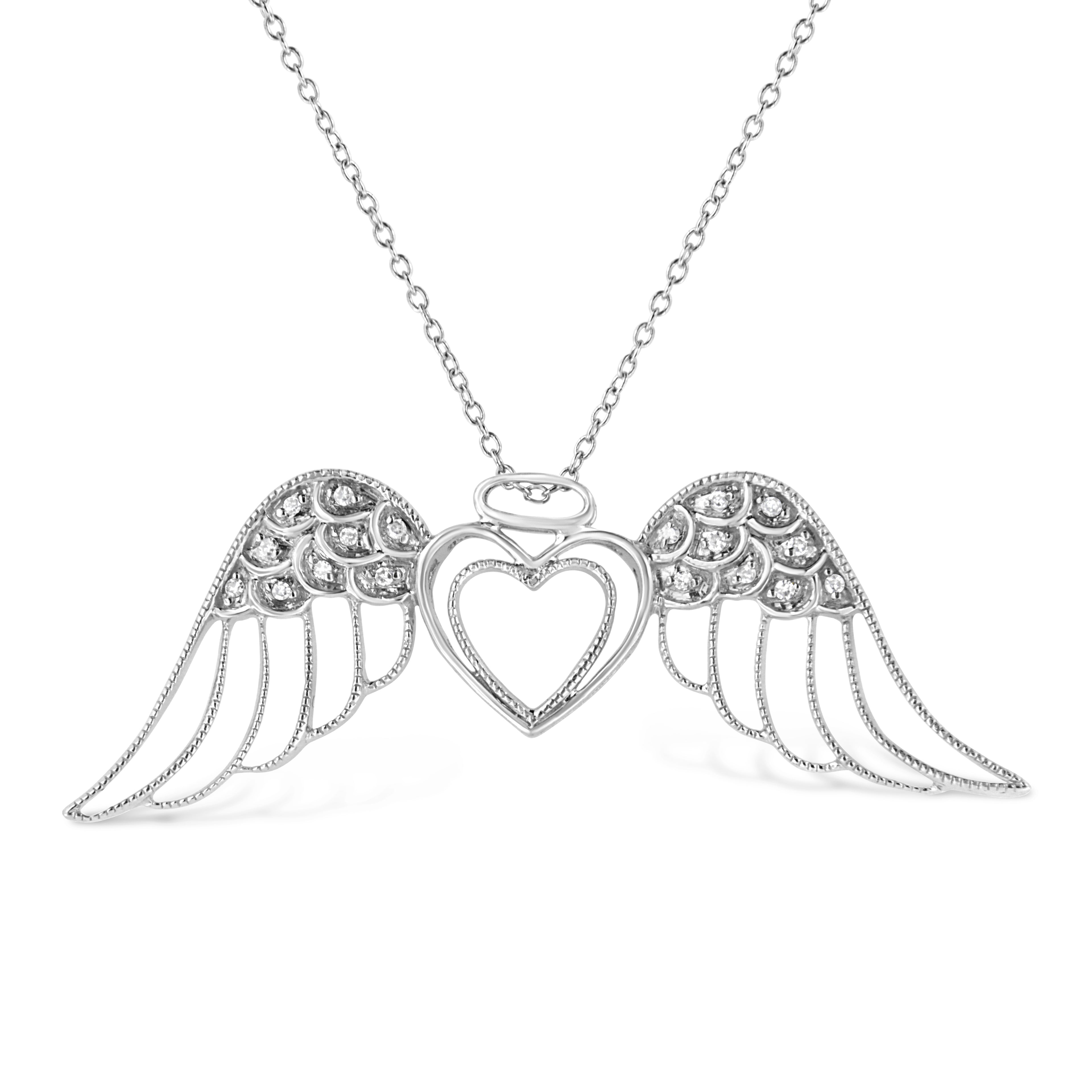 Haus of Brilliance .925 Sterling Silver Pave-Set Diamond Accent Angel Wing 18" Double Heart Pendant Necklace (I-J Color, I1-I2 Clarity)
