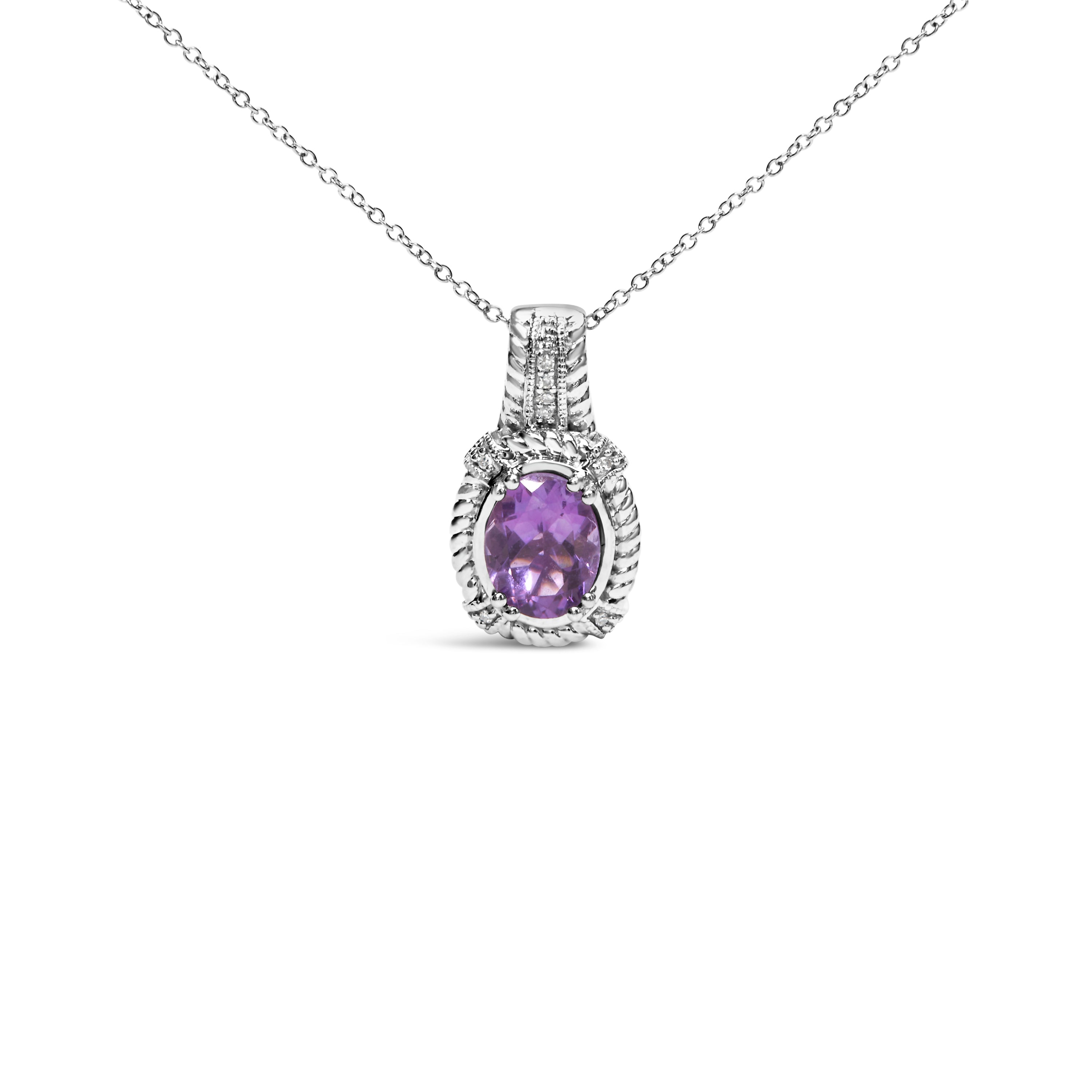 Haus of Brilliance .925 Sterling Silver 9x7mm Oval Purple Amethyst and Round Diamond Accent Fashion Drop Pendant 18 Inch Necklace (I-J Color, I1-I2 Clarity)