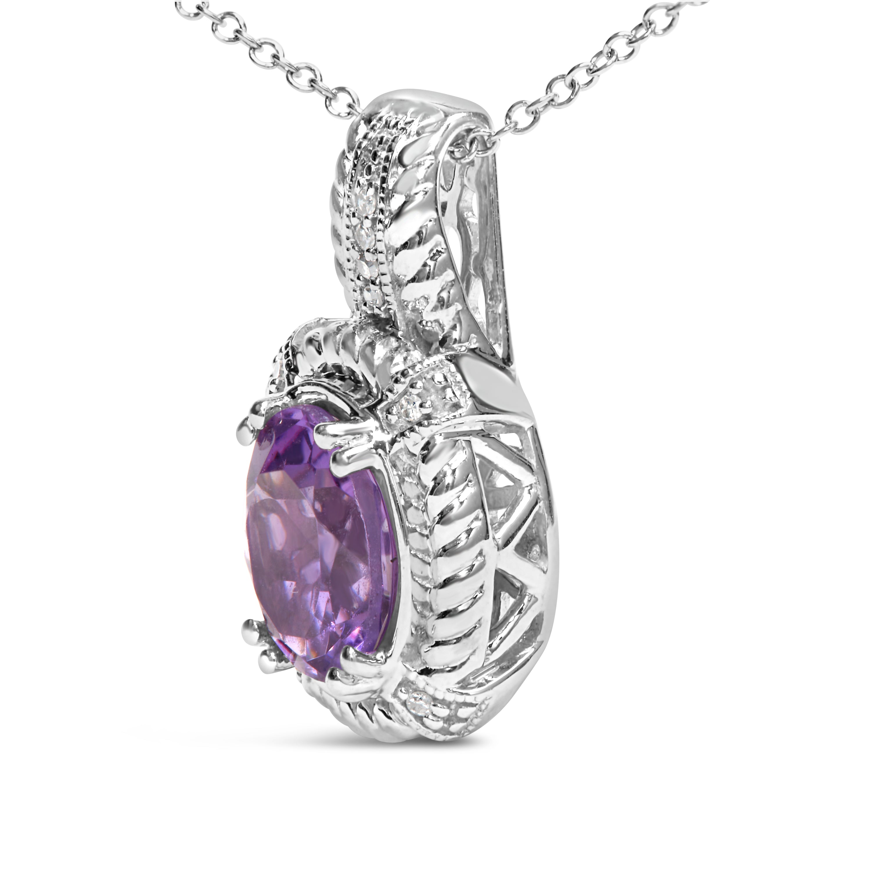 Haus of Brilliance .925 Sterling Silver 9x7mm Oval Purple Amethyst and Round Diamond Accent Fashion Drop Pendant 18 Inch Necklace (I-J Color, I1-I2 Clarity)