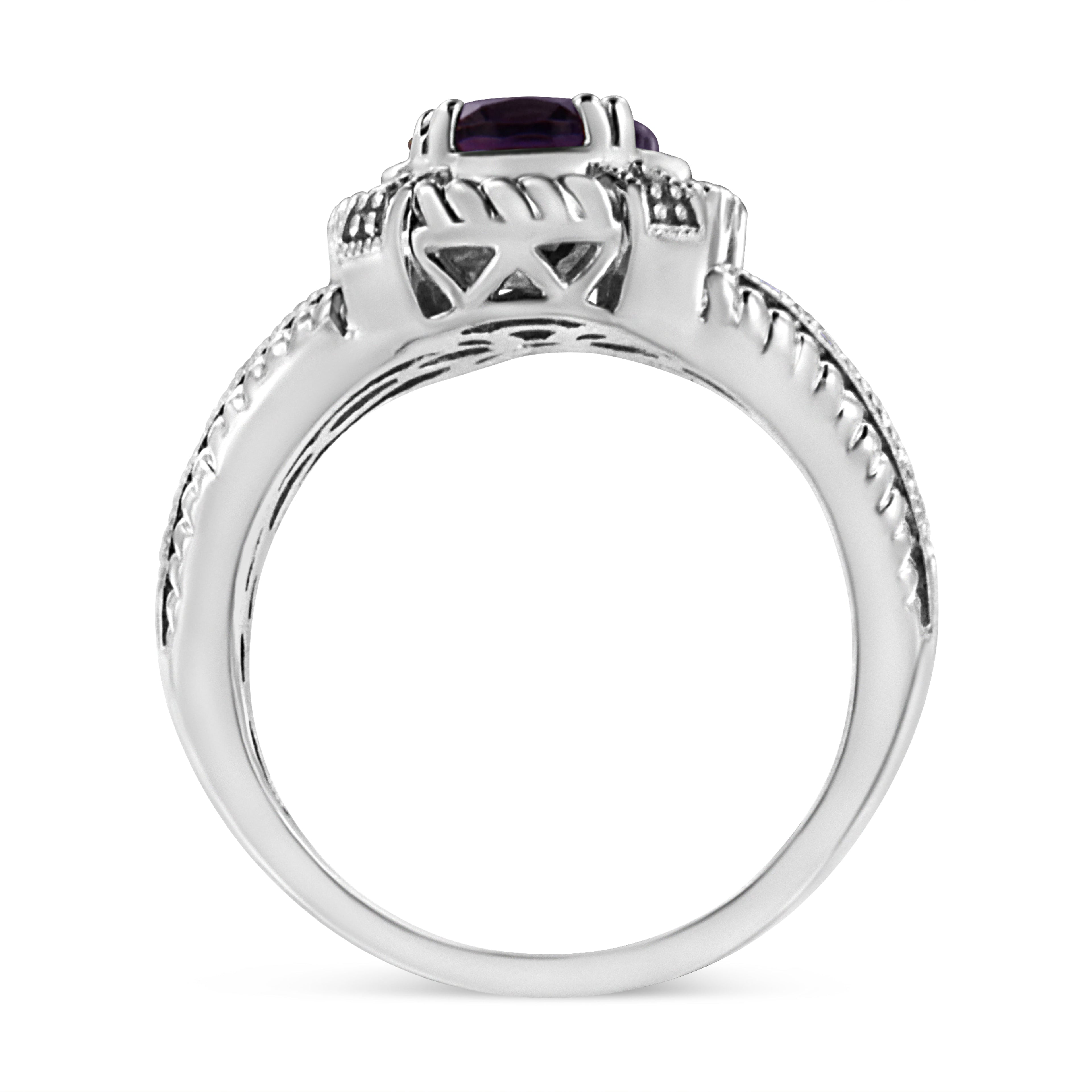 Haus of Brilliance .925 Sterling Silver Prong Set Natural Oval Shape 9X7 MM Purple Amethyst Solitaire and Diamond Accent Ring (I-J Color, I1-I2 Clarity) - Ring Size 6