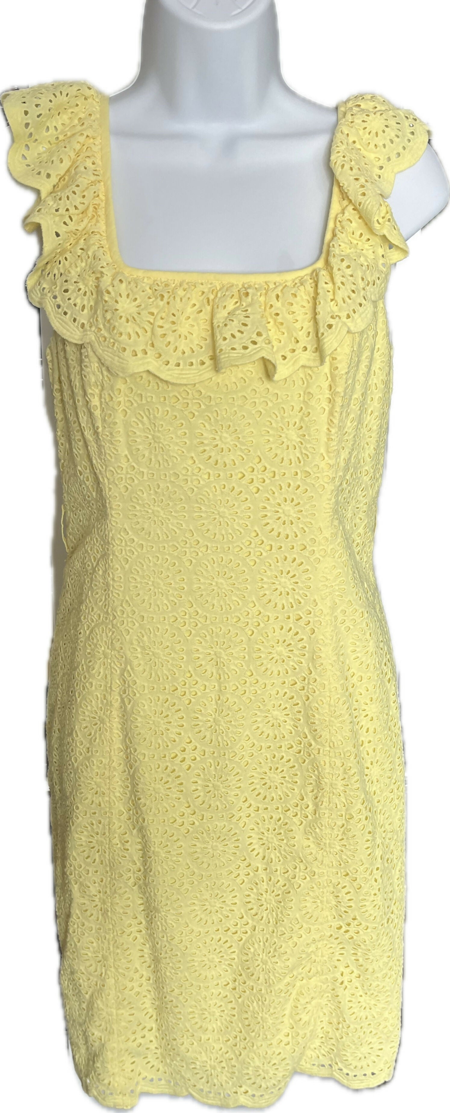 Lilly Pulitzer Ryann Sheath Sleeveless Cotton Dress Eyelet Yellow Creme Fraiche NO BELT size 2