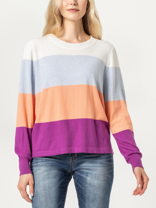 Lilla P Easy Striped Crewneck Sweater - Stripes - Multi/Orchid Multi - S