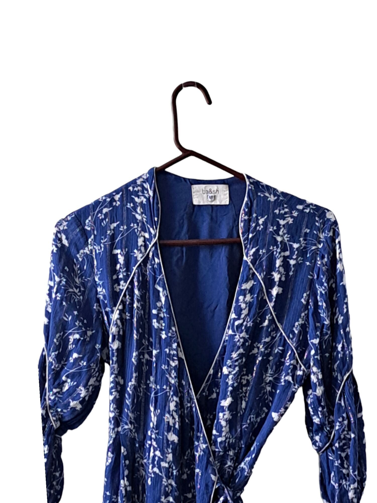 ba&sh 3/4 Sleeve V-Neck Printed Midi Wrap Dress - Floral - Blue Multi/BLEUET - M