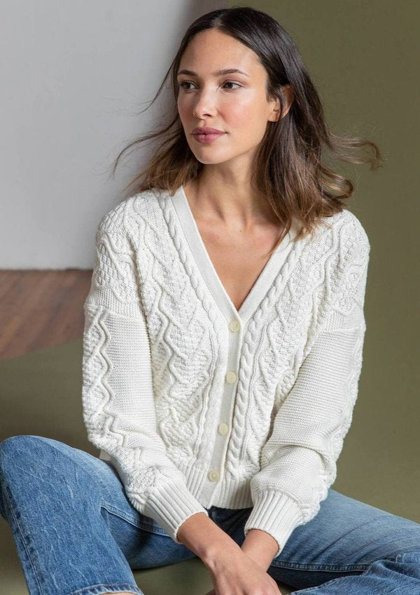 Lilla P Novelty Stitch Button Cardigan Sweater - Cable Knit - Off White/Ivory - M