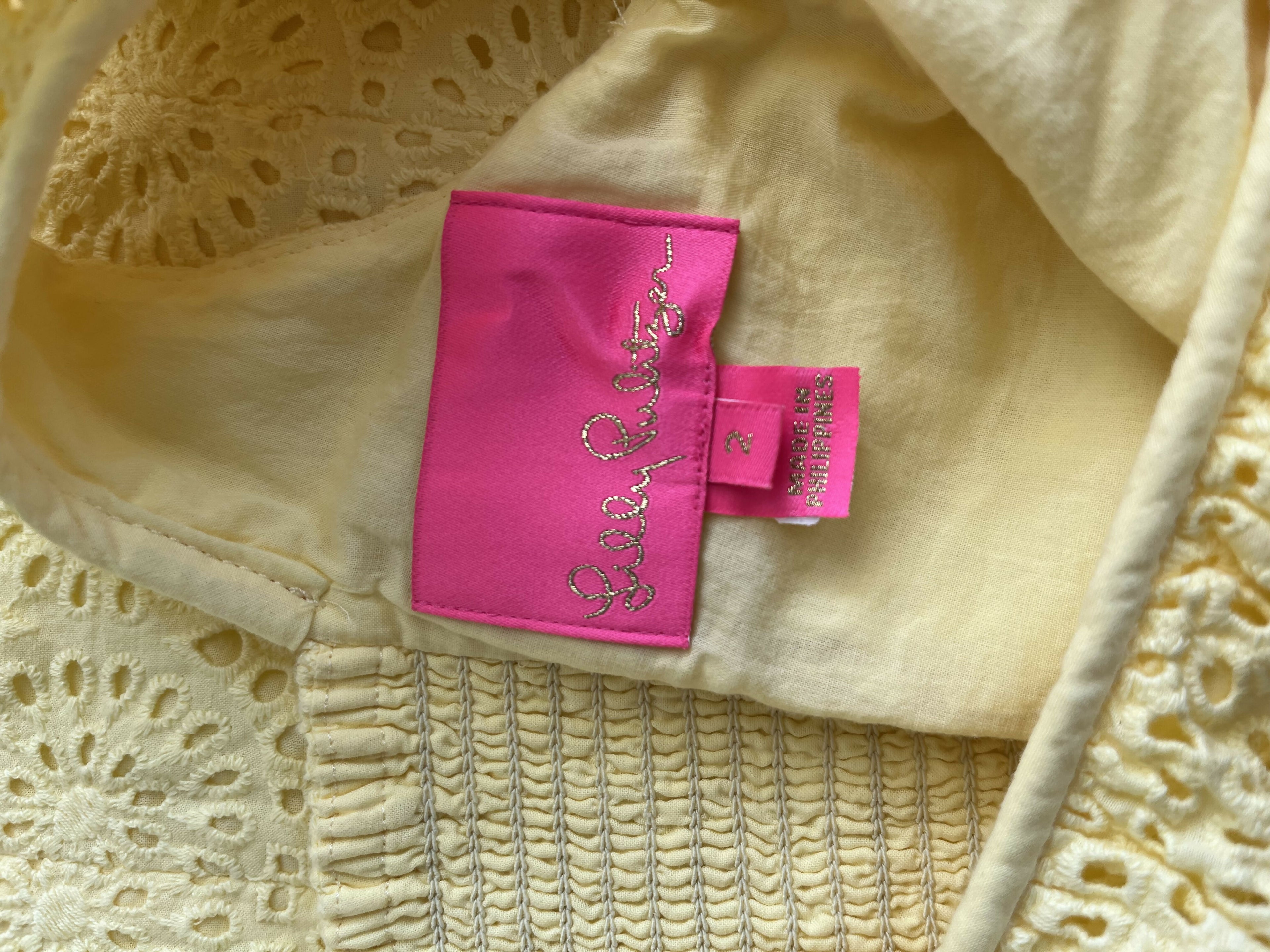 Lilly Pulitzer Ryann Sheath Sleeveless Cotton Dress Eyelet Yellow Creme Fraiche NO BELT size 2