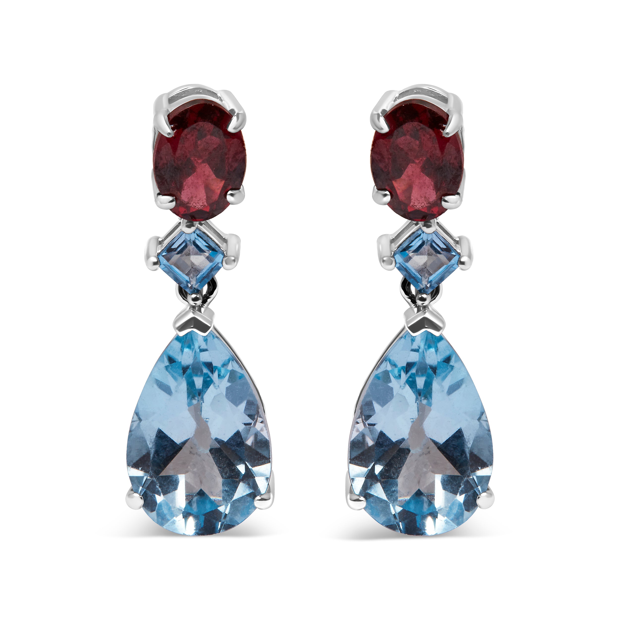 Haus of Brilliance .925 Sterling Silver 10.0 Carat Blue Topaz and Grape Rhodolite Garnet Dangle Drop Earrings 1" Inch Dangle Length