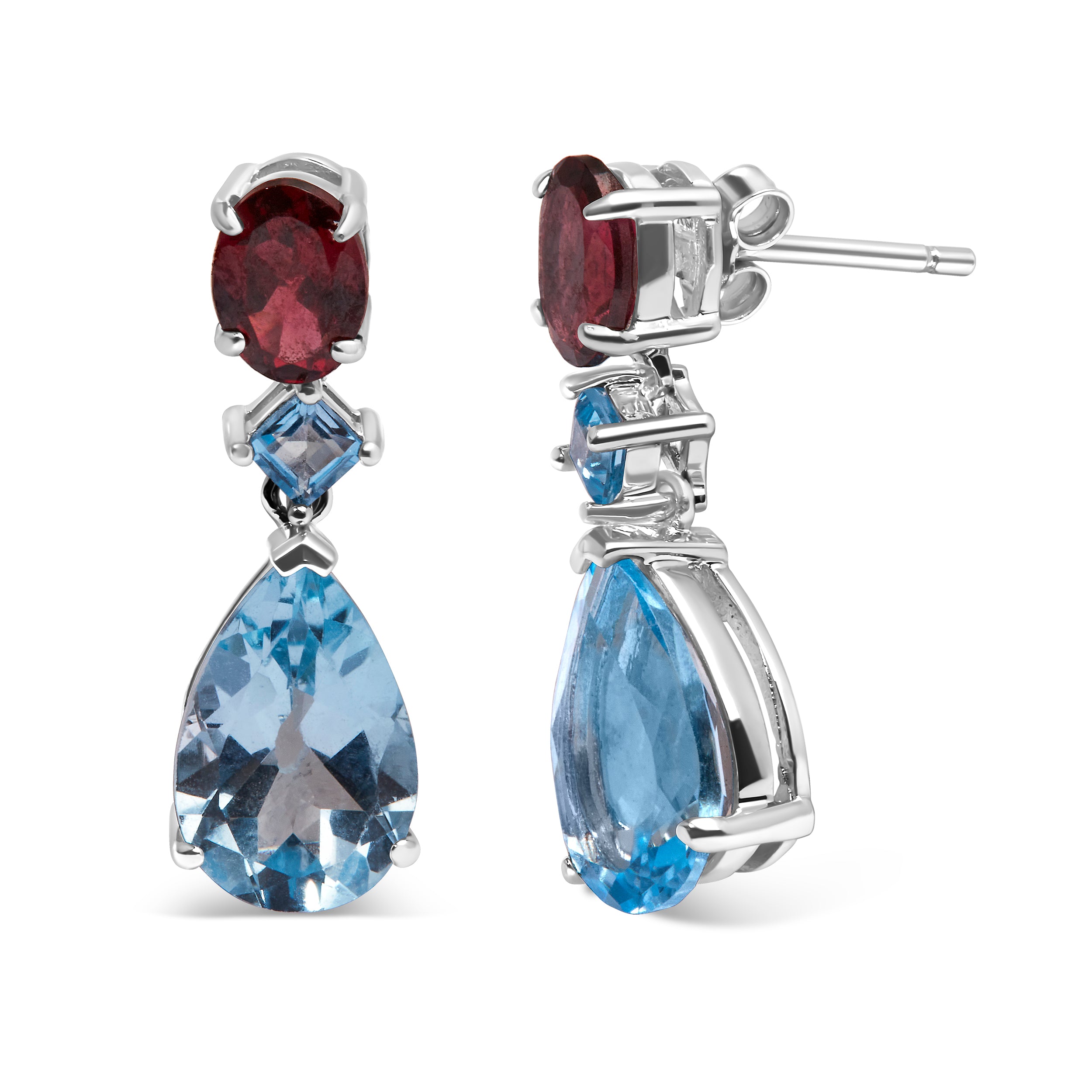 Haus of Brilliance .925 Sterling Silver 10.0 Carat Blue Topaz and Grape Rhodolite Garnet Dangle Drop Earrings 1" Inch Dangle Length