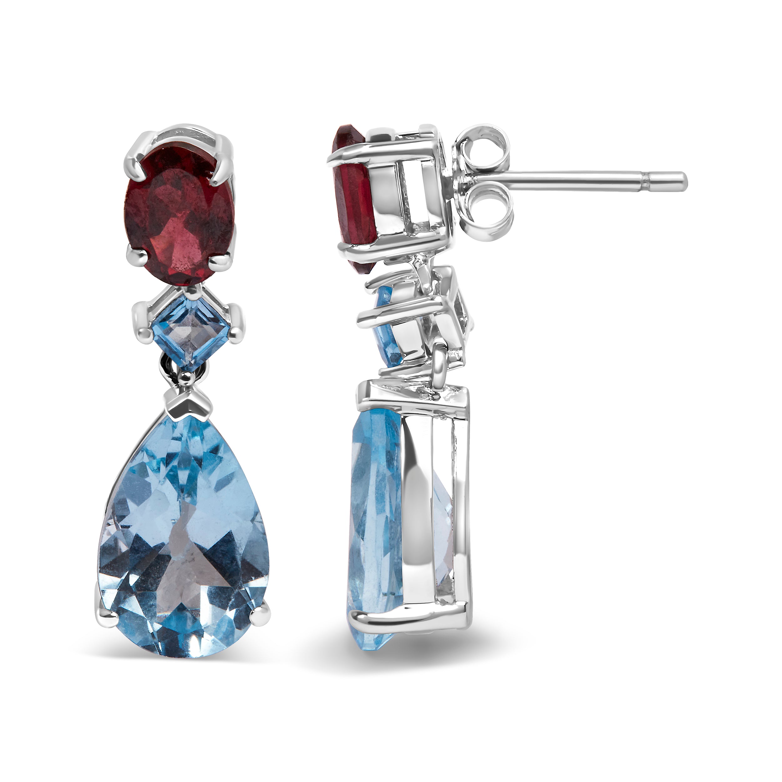 Haus of Brilliance .925 Sterling Silver 10.0 Carat Blue Topaz and Grape Rhodolite Garnet Dangle Drop Earrings 1" Inch Dangle Length