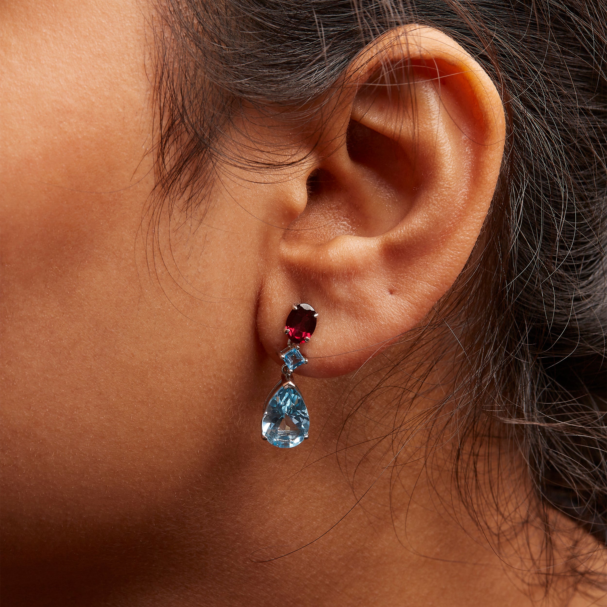 Haus of Brilliance .925 Sterling Silver 10.0 Carat Blue Topaz and Grape Rhodolite Garnet Dangle Drop Earrings 1" Inch Dangle Length