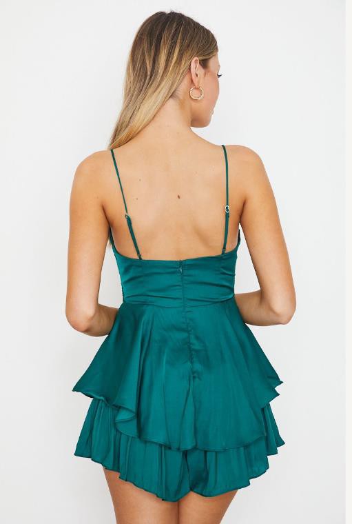 One And Only Emerald Satin Cowl Neck Romper / XS